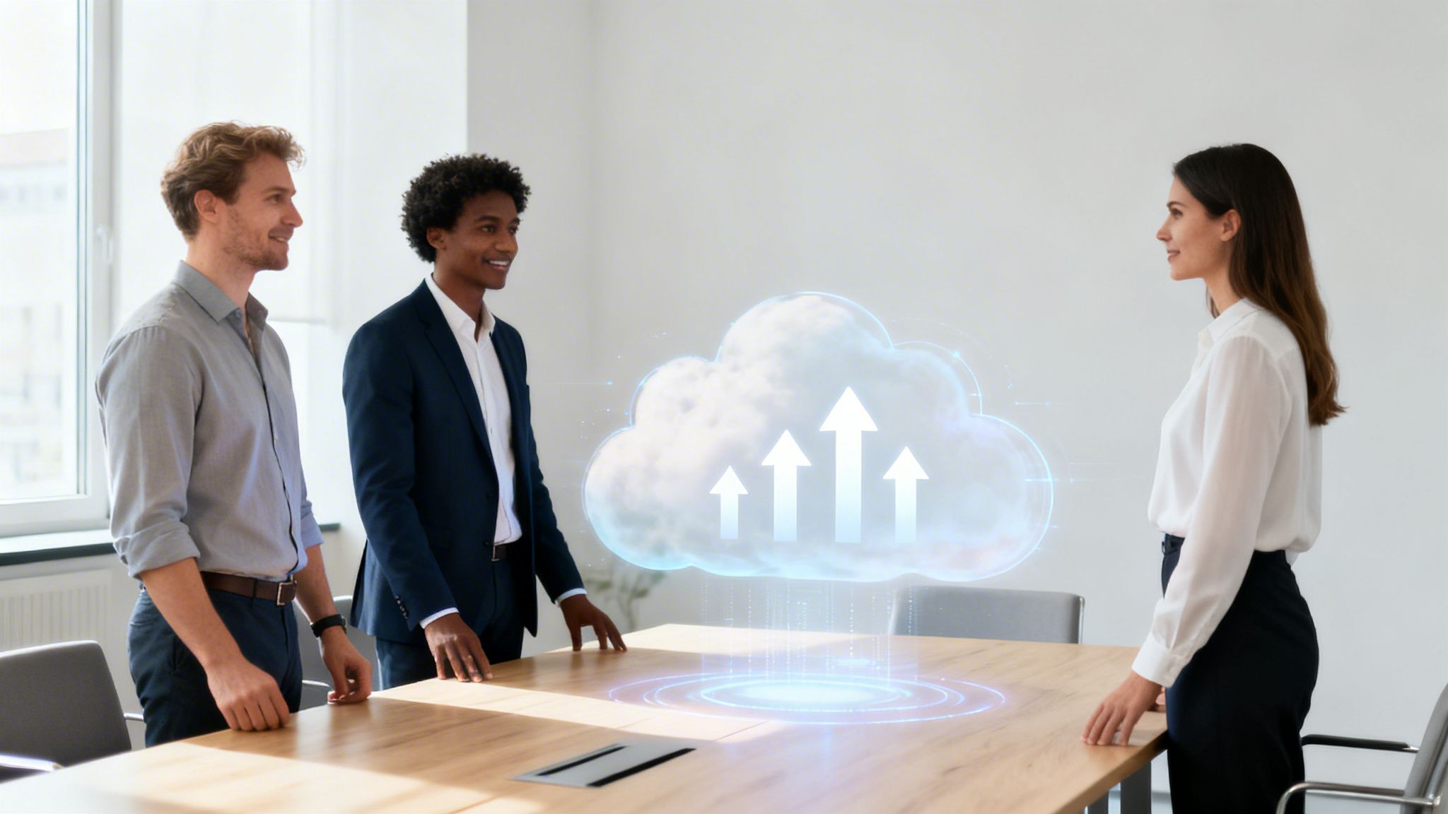 Drei Geschäftspartner stehen in einem Büro und betrachten eine schwebende Cloud-Migration-Hologramm-Projektion mit Pfeilen.