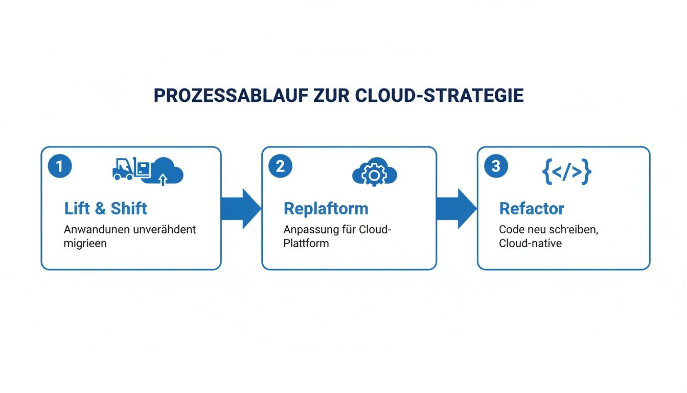 Prozessablauf zur Cloud-Strategie mit den Schritten Lift & Shift, Replatform und Refactor für die Migration von Anwendungen.