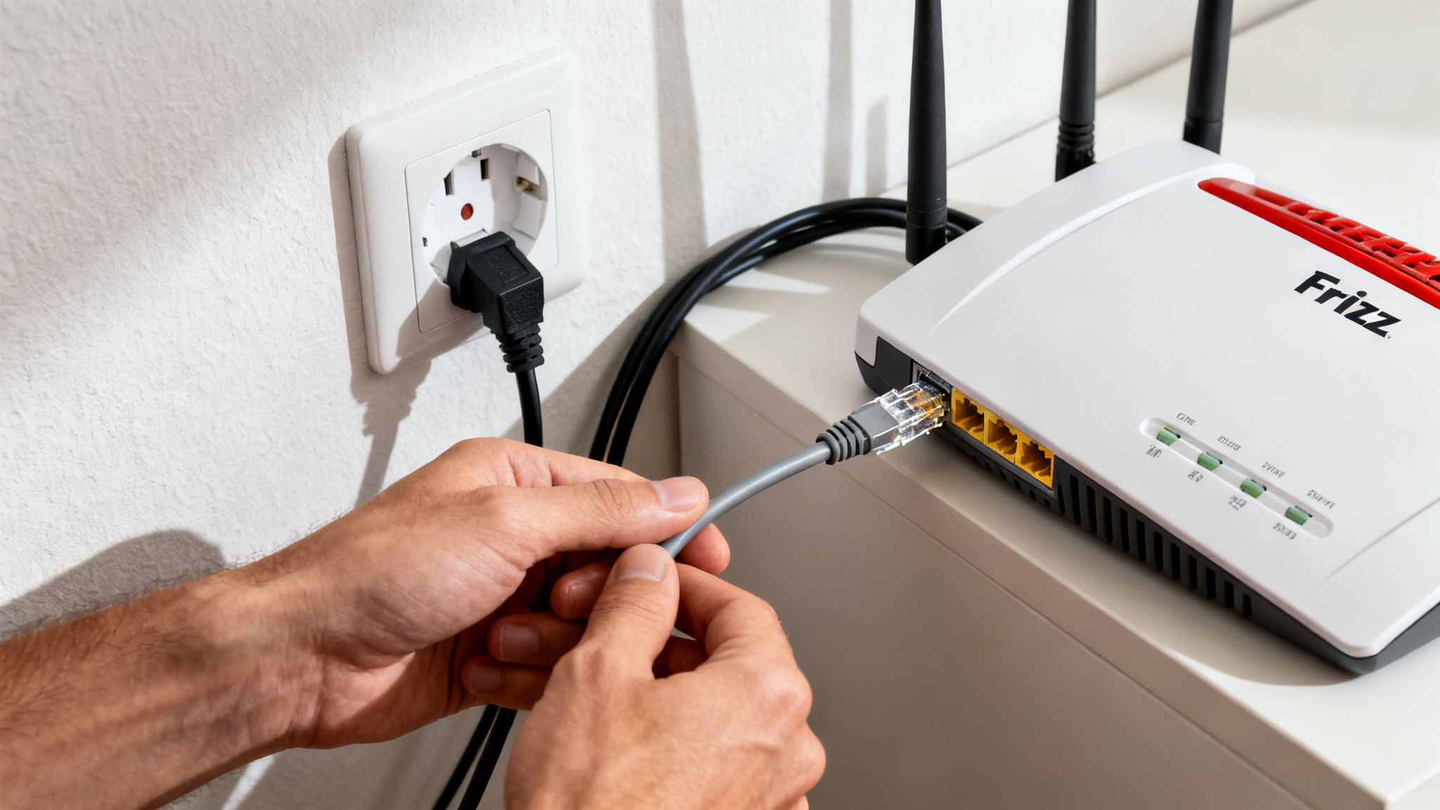Hände verbinden ein graues Ethernet-Kabel mit einem weißen FritzBox-Router, der an einer Steckdose angeschlossen ist.