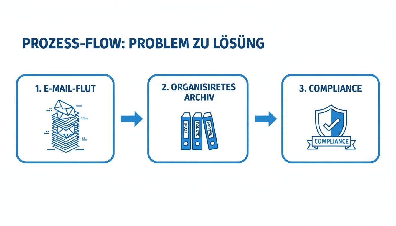 Prozess-Flow zur E-Mail-Verwaltung: Von der E-Mail-Flut über ein organisiertes Archiv zur Compliance.