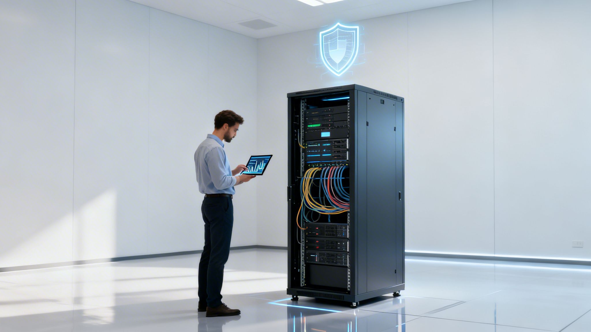Ein Techniker überwacht einen Server-Rack mit Tablet in einem modernen Rechenzentrum, um die Sicherheit zu gewährleisten.