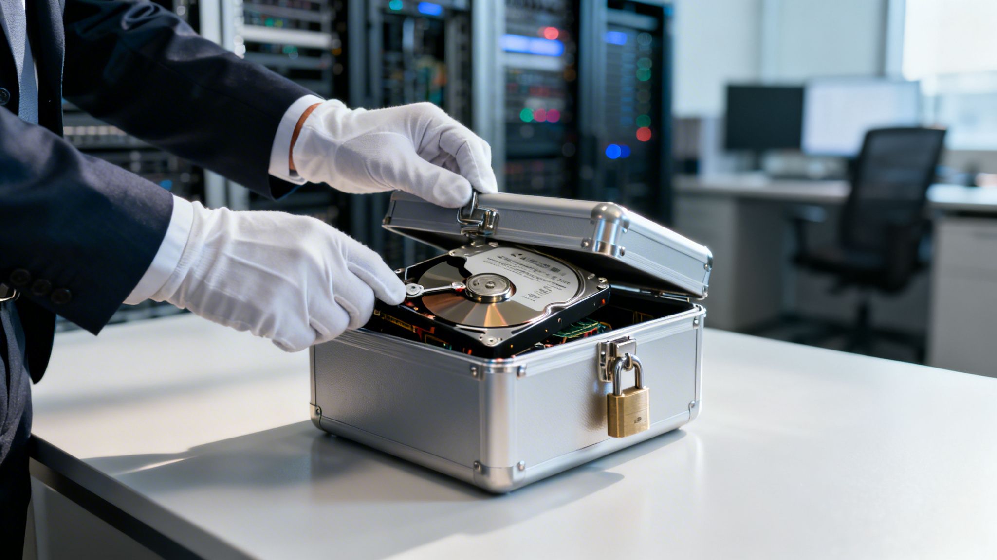 Eine Person in Anzug und weißen Handschuhen öffnet einen verschlossenen Koffer mit einer Festplatte in einem Serverraum.