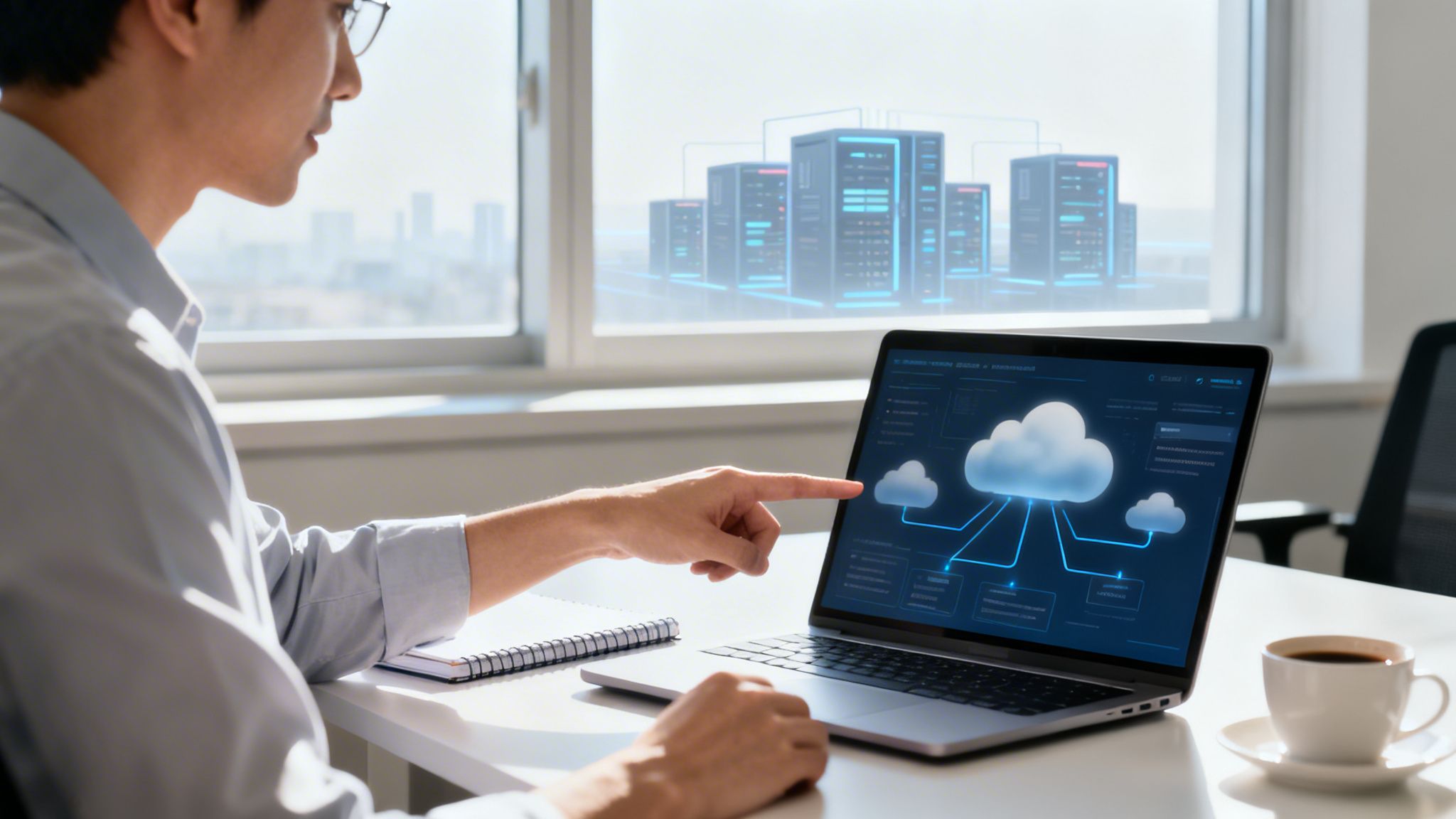 Ein Mann zeigt auf ein Cloud-Symbol auf einem Laptop, im Hintergrund sind Server-Racks zu sehen.