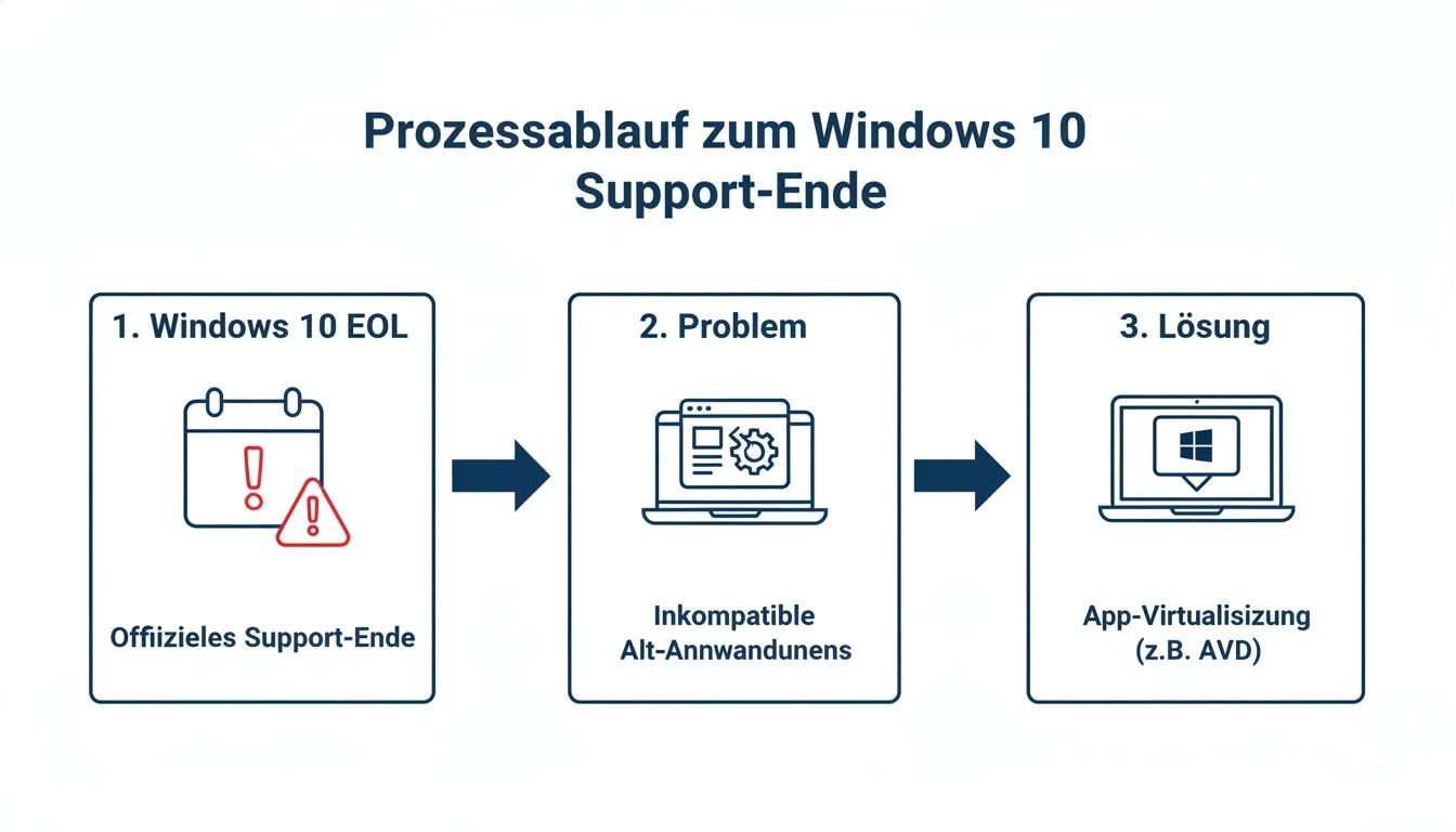 Prozessablauf zum Windows 10 Support-Ende, von der Einstellung des Supports über inkompatible Anwendungen bis zur App-Virtualisierung als Lösung.