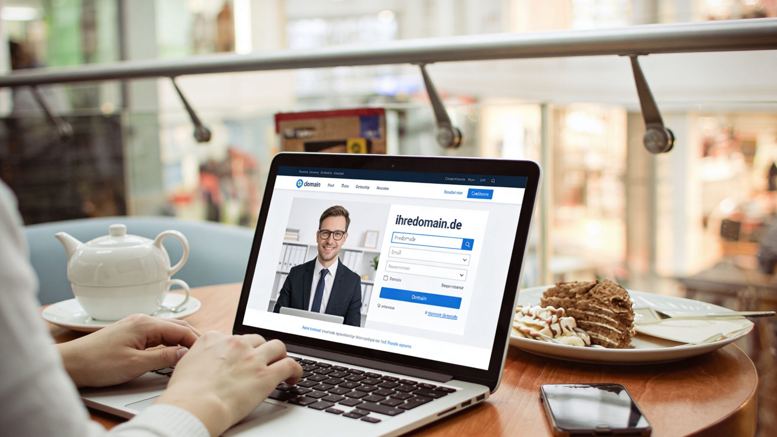 Eine Person sitzt an einem Laptoptisch und erstellt online ein neues E-Mail-Konto auf einer Domain-Website.