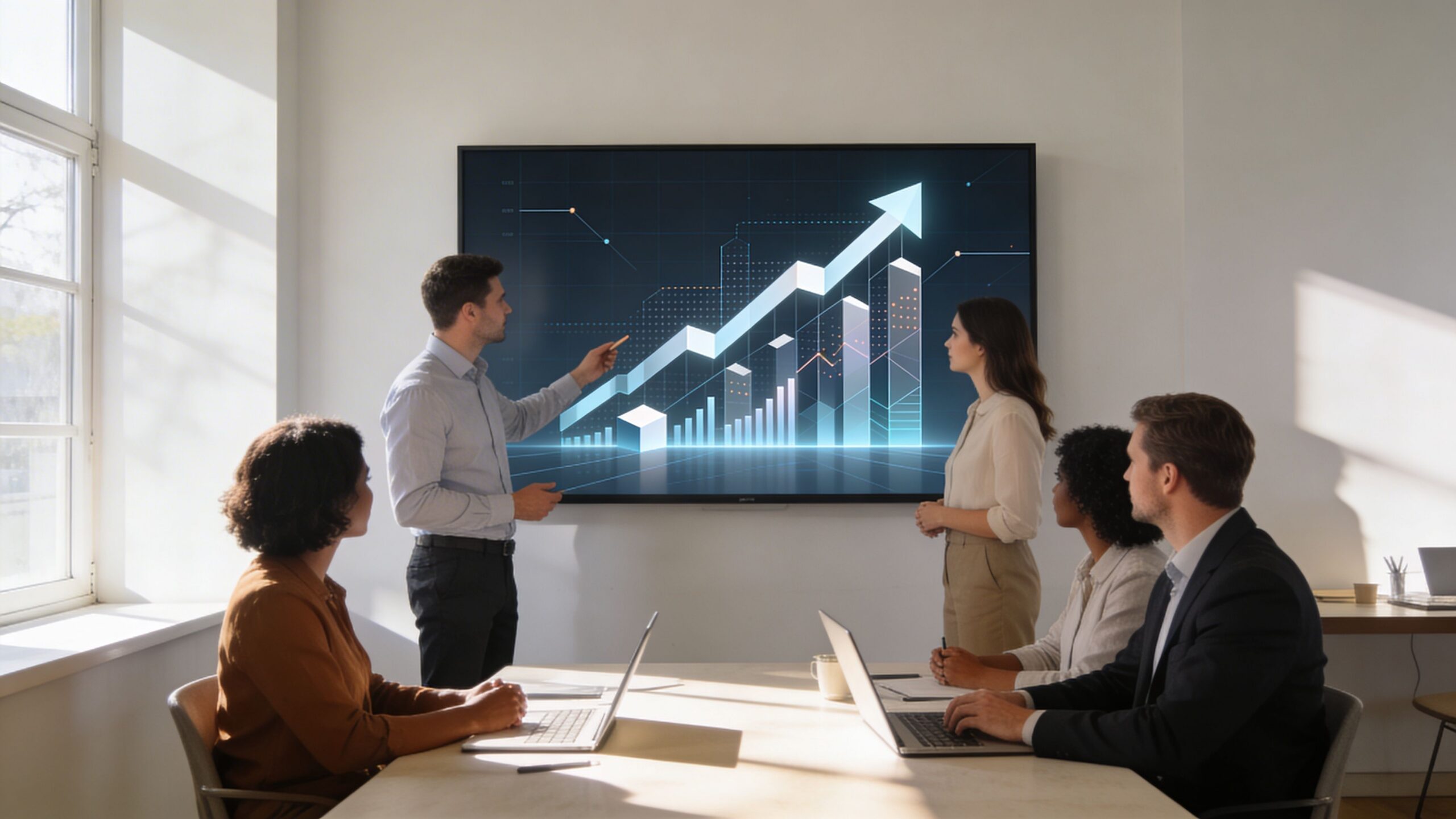 Ein Geschäftsteam bespricht eine digitale Wachstumsstrategie anhand einer interaktiven grafischen Präsentation in einem modernen hellen Büro.