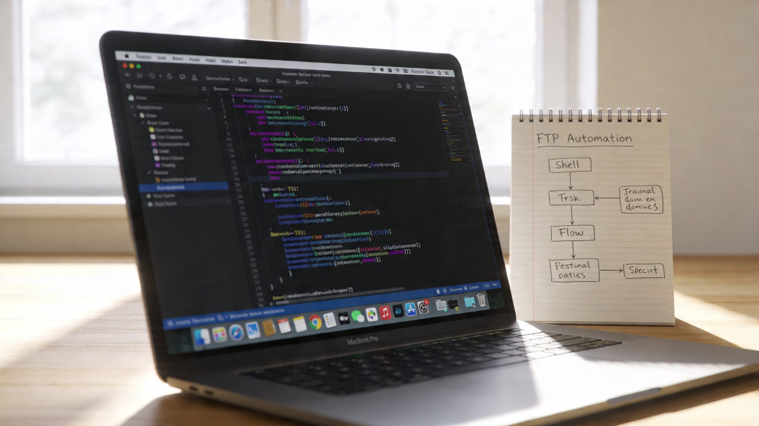 Ein MacBook Pro zeigt Programmiercode neben einem Notizblock mit einem Flussdiagramm für FTP Automatisierung auf einem Schreibtisch.