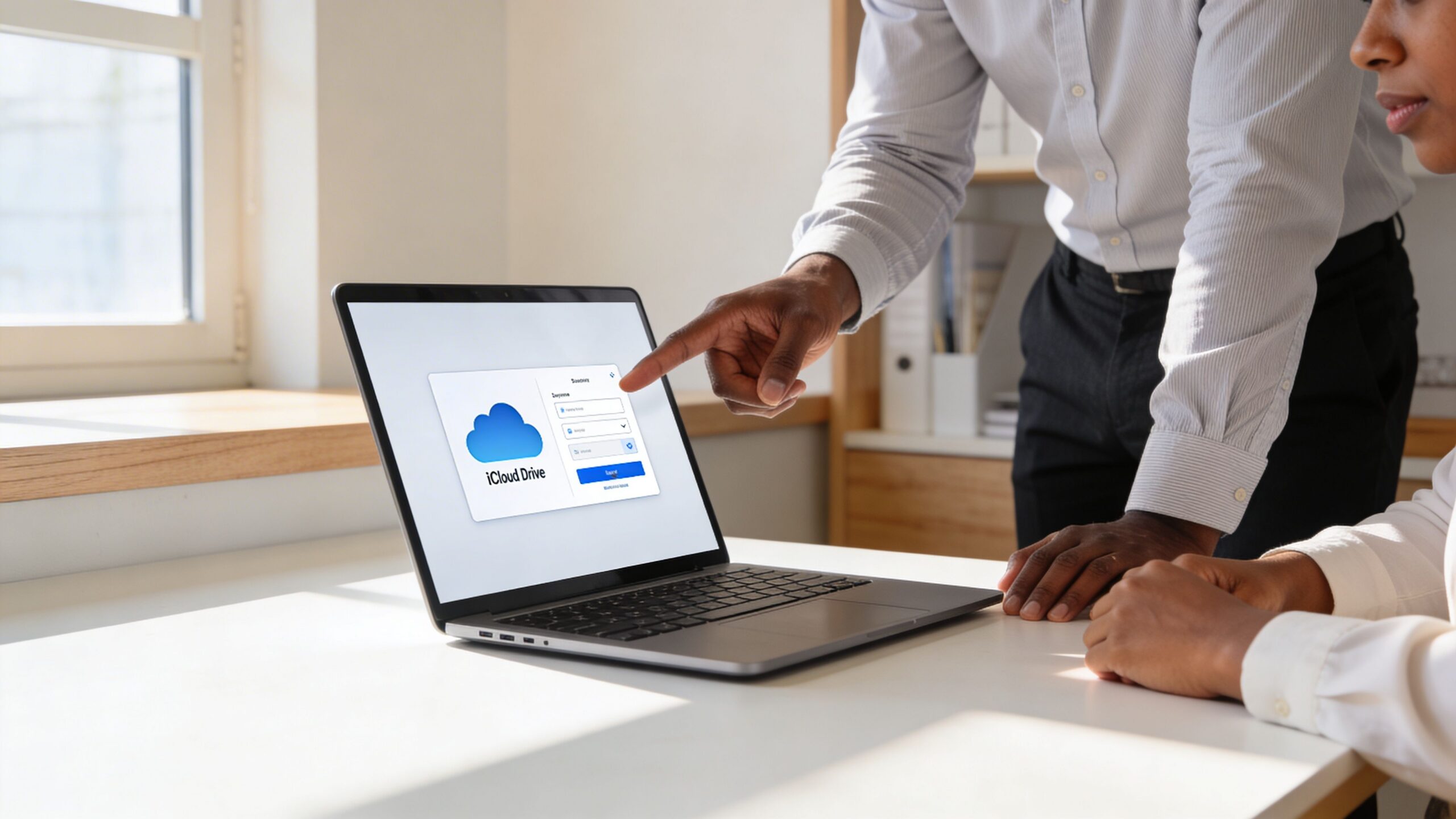 Ein Geschäftsmann zeigt seiner Kollegin auf einem Laptop eine Anmeldeseite für den Cloud-Dienst Apple iCloud Drive.