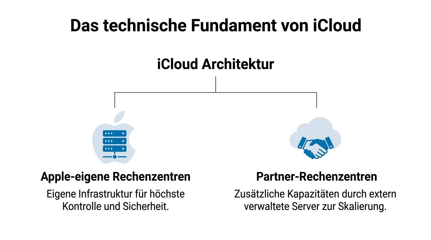 Grafik zur iCloud Architektur, die Apple-eigene Rechenzentren und Partner-Rechenzentren als technisches Fundament von Apples Cloud-Diensten zeigt.