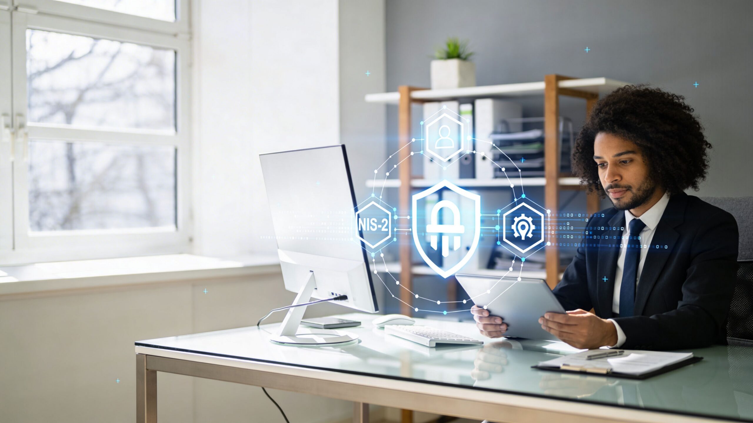 Ein Geschäftsmann im Anzug nutzt ein Tablet vor einem Computerbildschirm mit einer digitalen Cybersecurity-Grafik für NIS-2-Compliance.