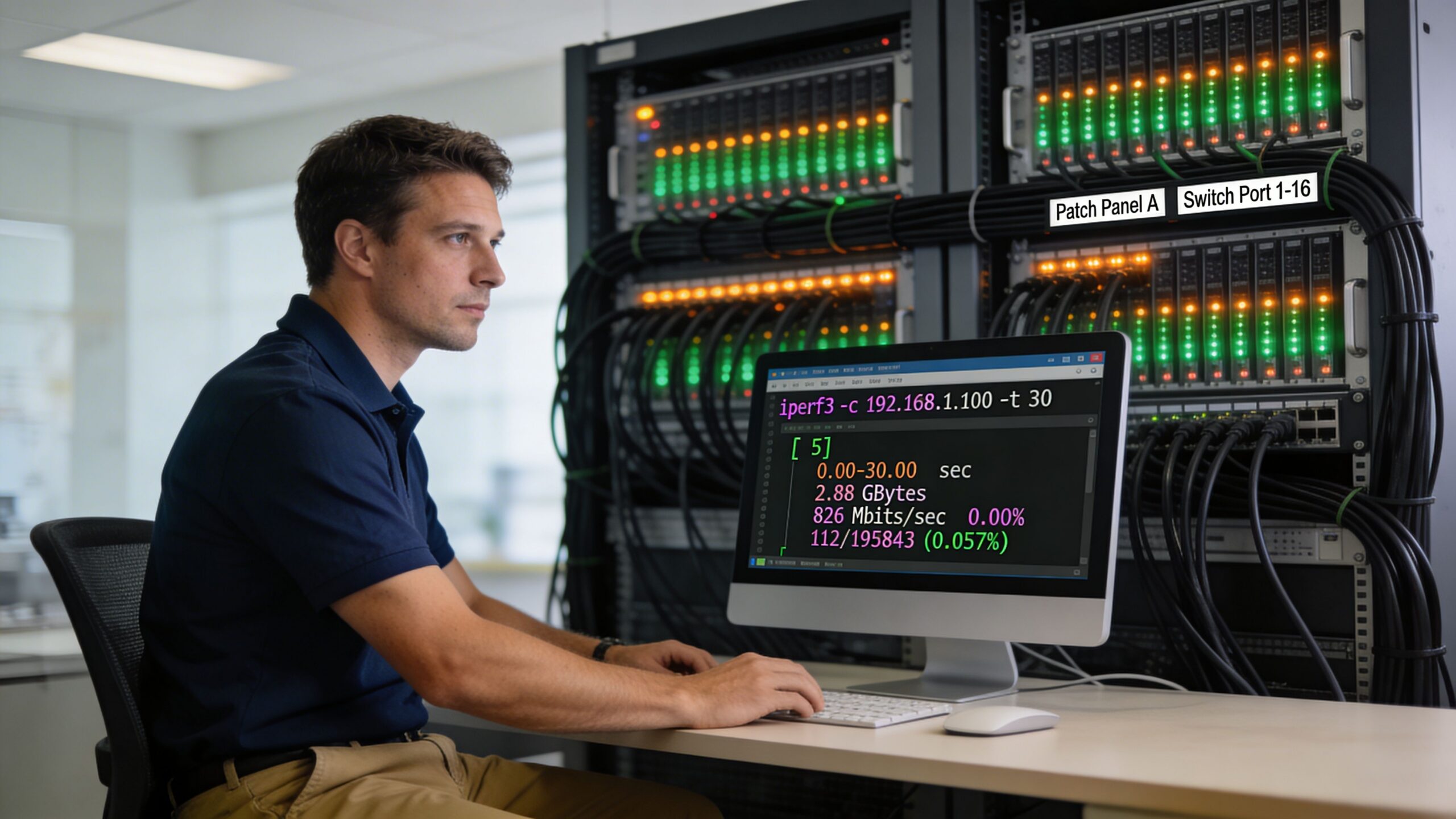 Ein IT-Techniker führt an einem Computer einen Geschwindigkeitstest des lokalen Netzwerks in einem Serverraum durch.