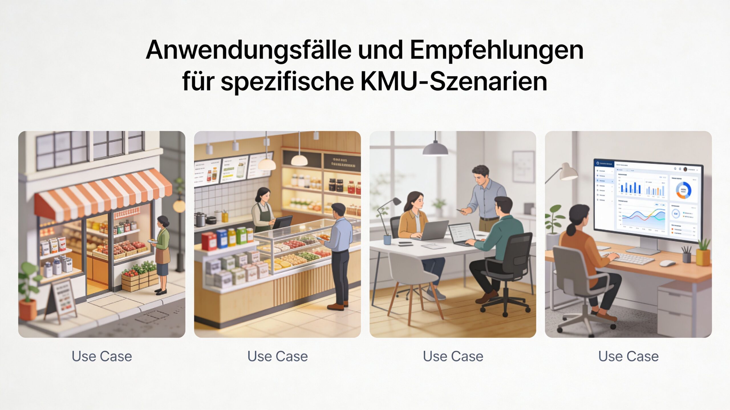 Verschiedene Anwendungsszenarien für kleine und mittlere Unternehmen mit Ladenlokal, Verkaufstheke, Büroarbeit und digitaler Datenanalyse am Computer.
