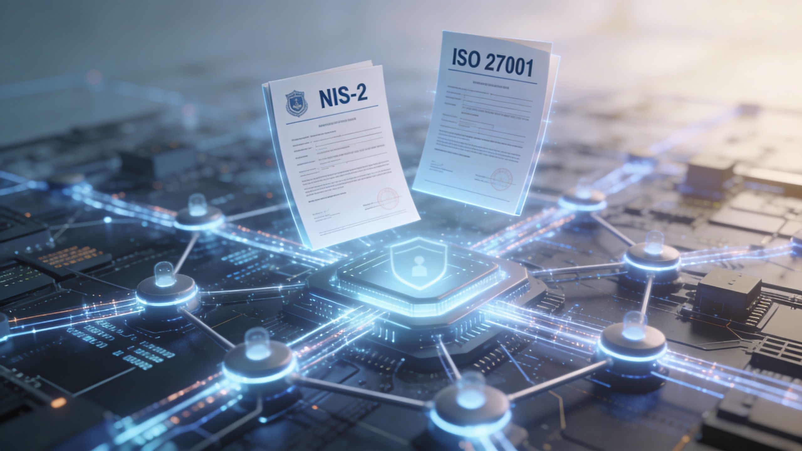 Ein abstraktes Konzept von Cybersicherheit, das Dokumente mit NIS-2 und ISO 27001 Standards über einem digitalen Prozessor zeigt.