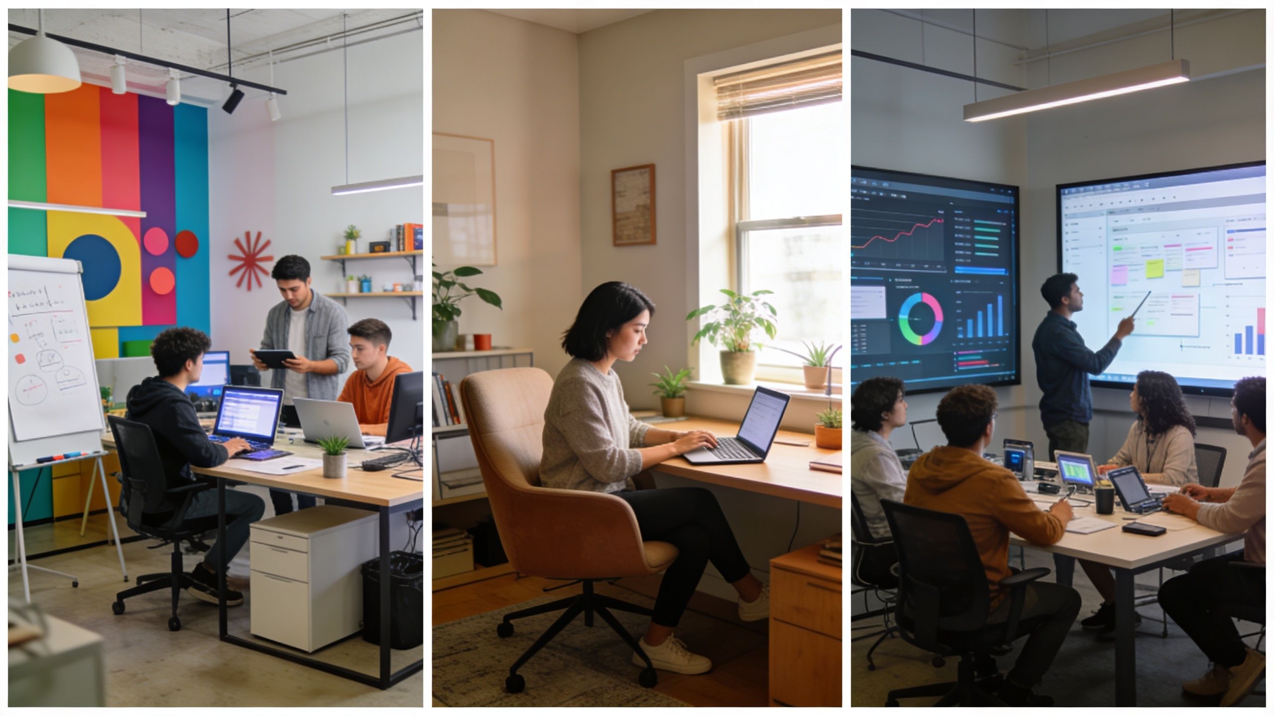 Verschiedene Szenen von Menschen, die in modernen Büroumgebungen an Laptops und an digitalen Whiteboards zusammenarbeiten.
