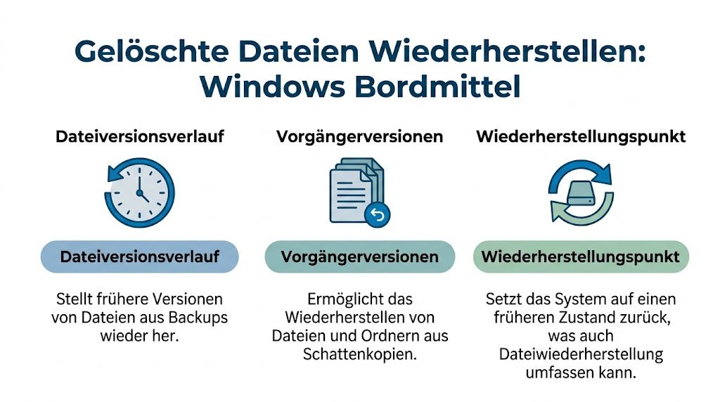 Eine Infografik erklärt drei Windows-Methoden zum Wiederherstellen gelöschter Dateien: Dateiversionsverlauf, Vorgängerversionen und Wiederherstellungspunkte.