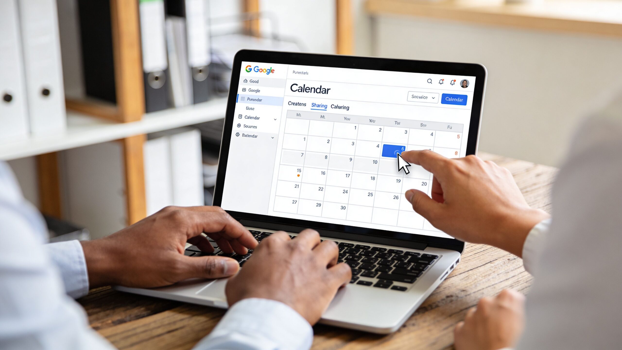Zwei Personen arbeiten gemeinsam an einem Laptop und schauen sich einen Google Kalender an.