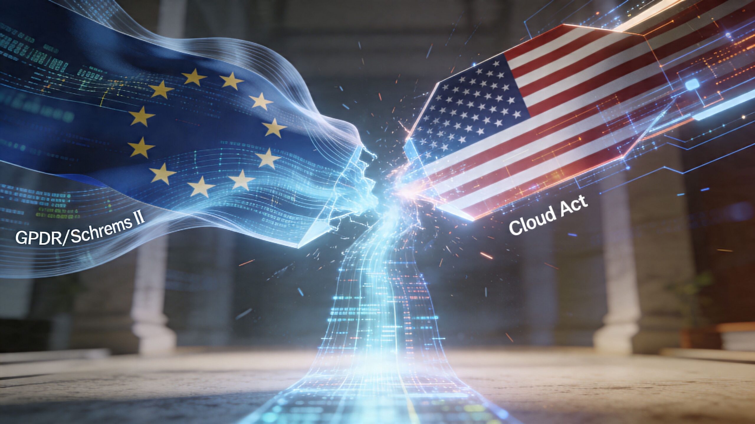 Eine grafische Darstellung des Konflikts zwischen EU DSGVO und dem US Cloud Act im digitalen Datenverkehr.