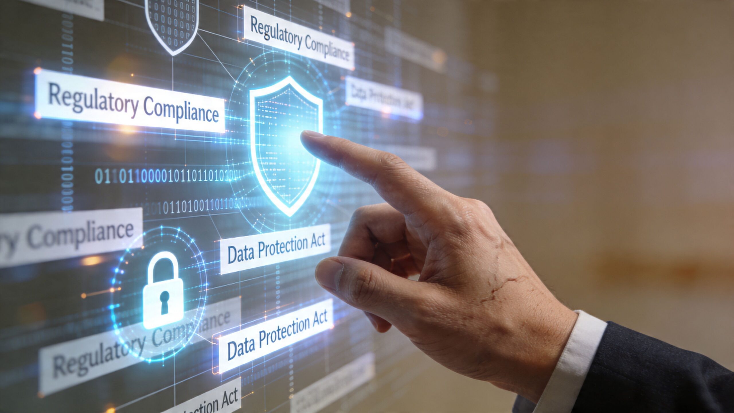Eine Hand berührt ein digitales Sicherheitsschild auf einem virtuellen Bildschirm, das Datenschutz und regulatorische Compliance symbolisiert.