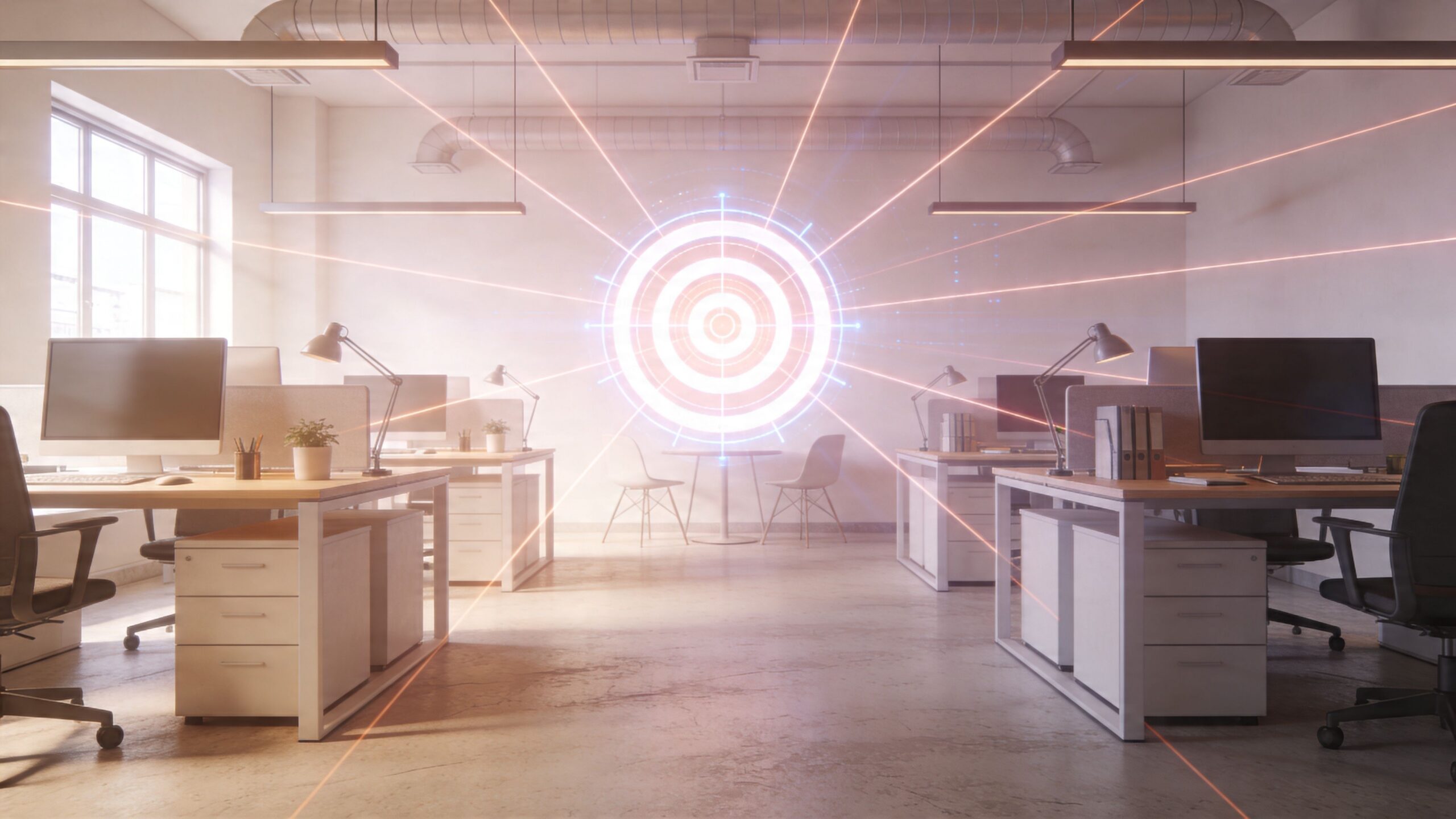 Ein modernes, offenes Büro mit einem leuchtenden Ziel-Hologramm in der Mitte des Raumes zur digitalen Unternehmensstrategie.