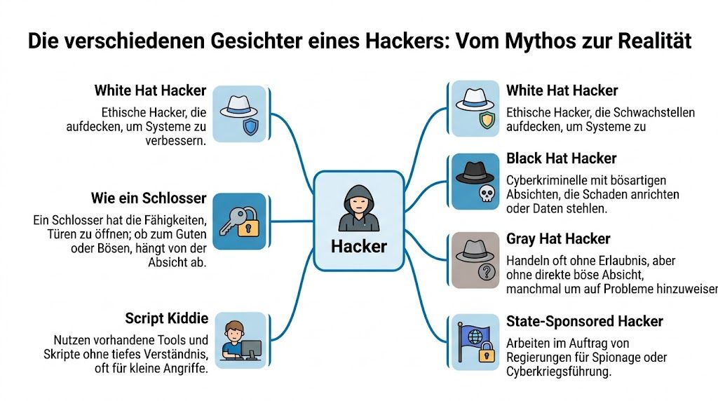 Infografik über die verschiedenen Arten von Hackern, von White Hats bis hin zu staatlich geförderten Akteuren.
