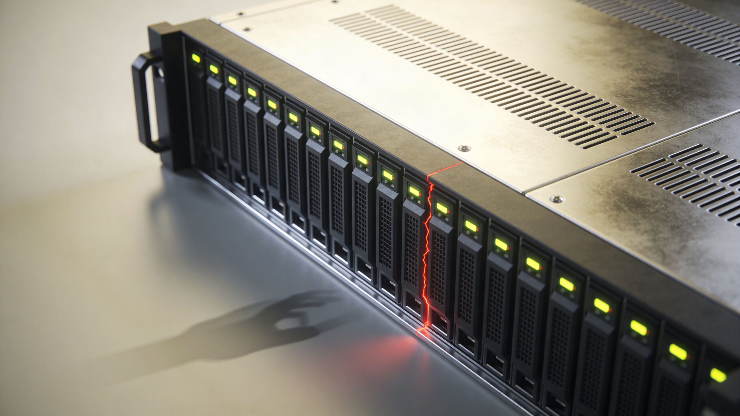 Ein Rack-Server mit einer blinkenden roten Fehleranzeige und einem erkennbaren Schatten einer menschlichen Hand davor.