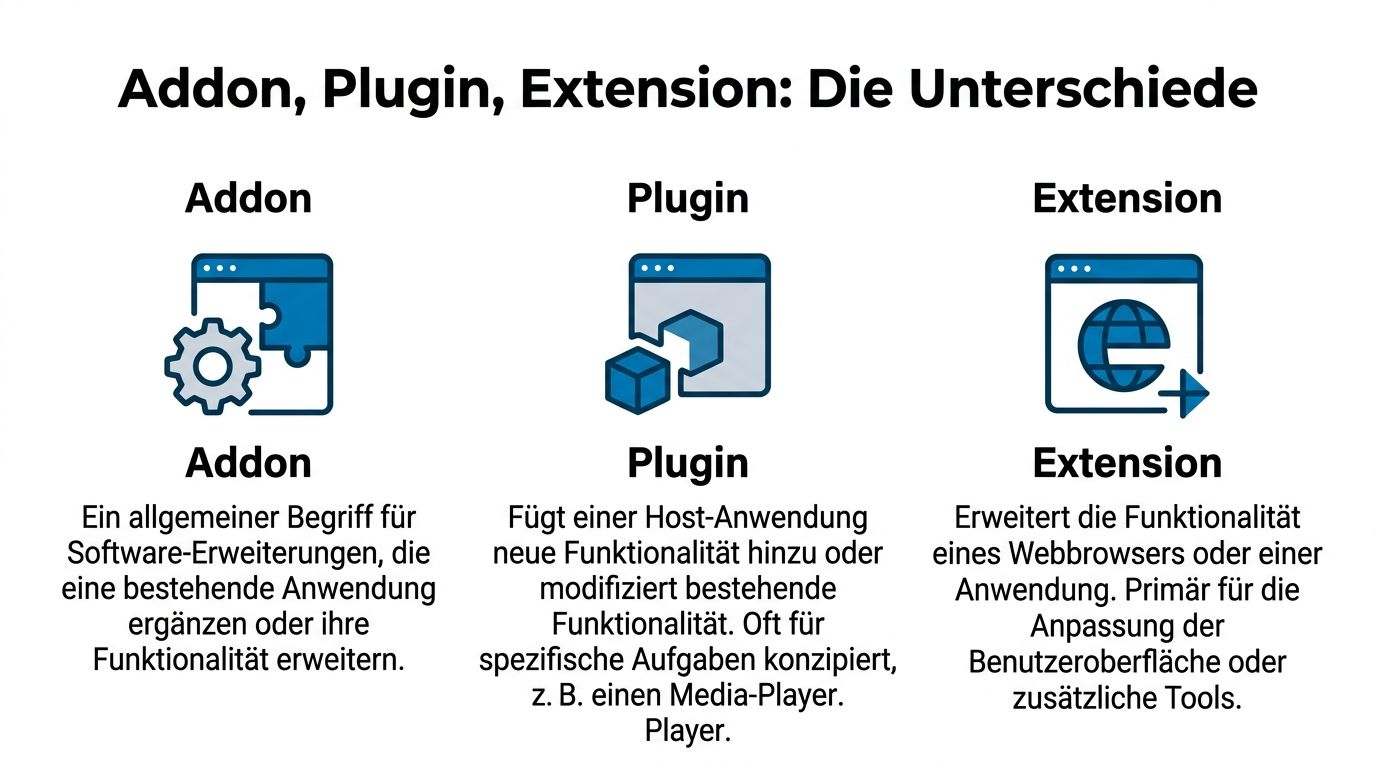 Eine Infografik, die die Unterschiede zwischen Add-on, Plugin und Extension für Softwareanwendungen in deutscher Sprache erklärt.