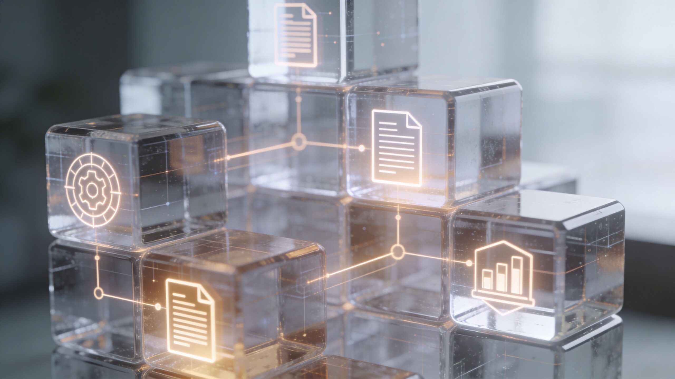 Eine 3D-Darstellung von digitalen Blöcken, die miteinander verbunden sind, um das Konzept einer Blockchain oder Datenverarbeitung zu verdeutlichen.