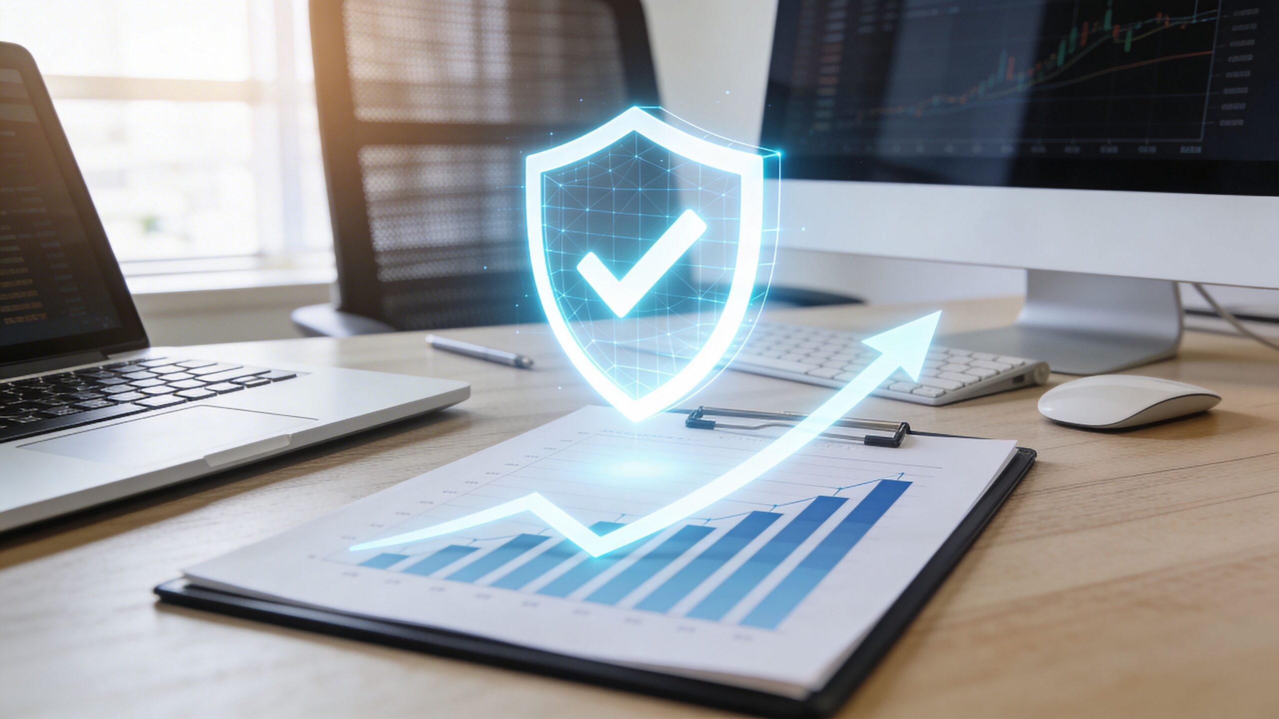 Ein blaues, leuchtendes Schutzschild-Symbol mit Häkchen schwebt über einem Geschäftsbericht mit einem aufsteigenden Diagramm auf einem Schreibtisch.