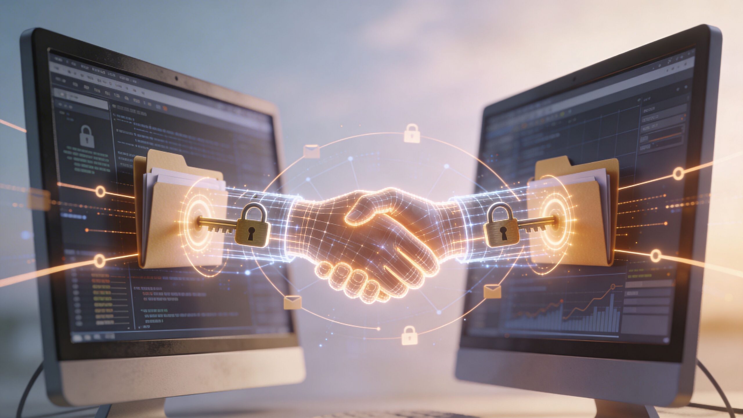 Zwei Computerbildschirme mit einem digitalen Händedruck als Symbol für sichere Datenübertragung und verschlüsselte Netzwerkverbindungen im Internet.