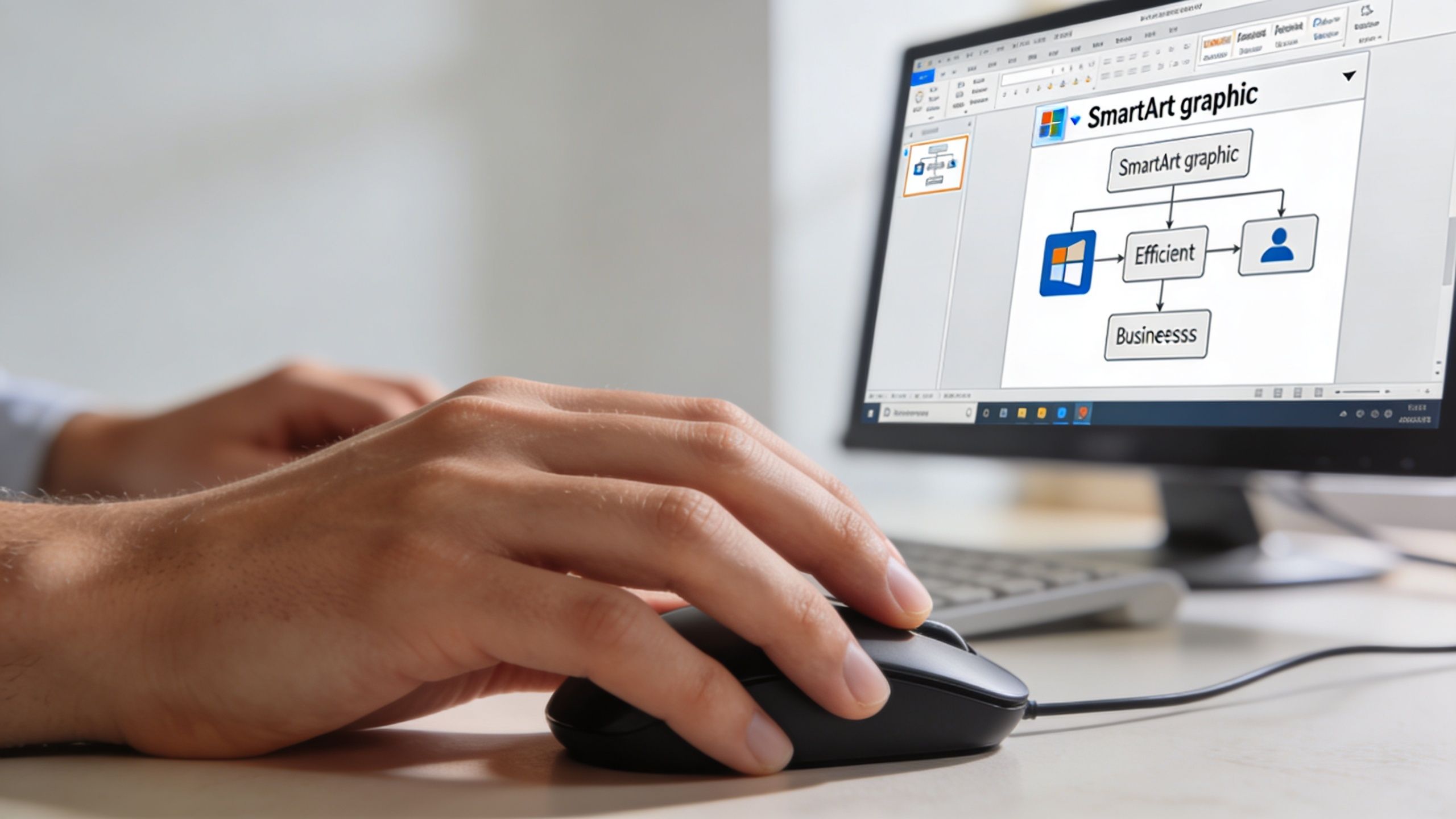 Eine Person benutzt eine Computermaus, um ein Flussdiagramm in Microsoft Word auf einem Monitor zu erstellen.