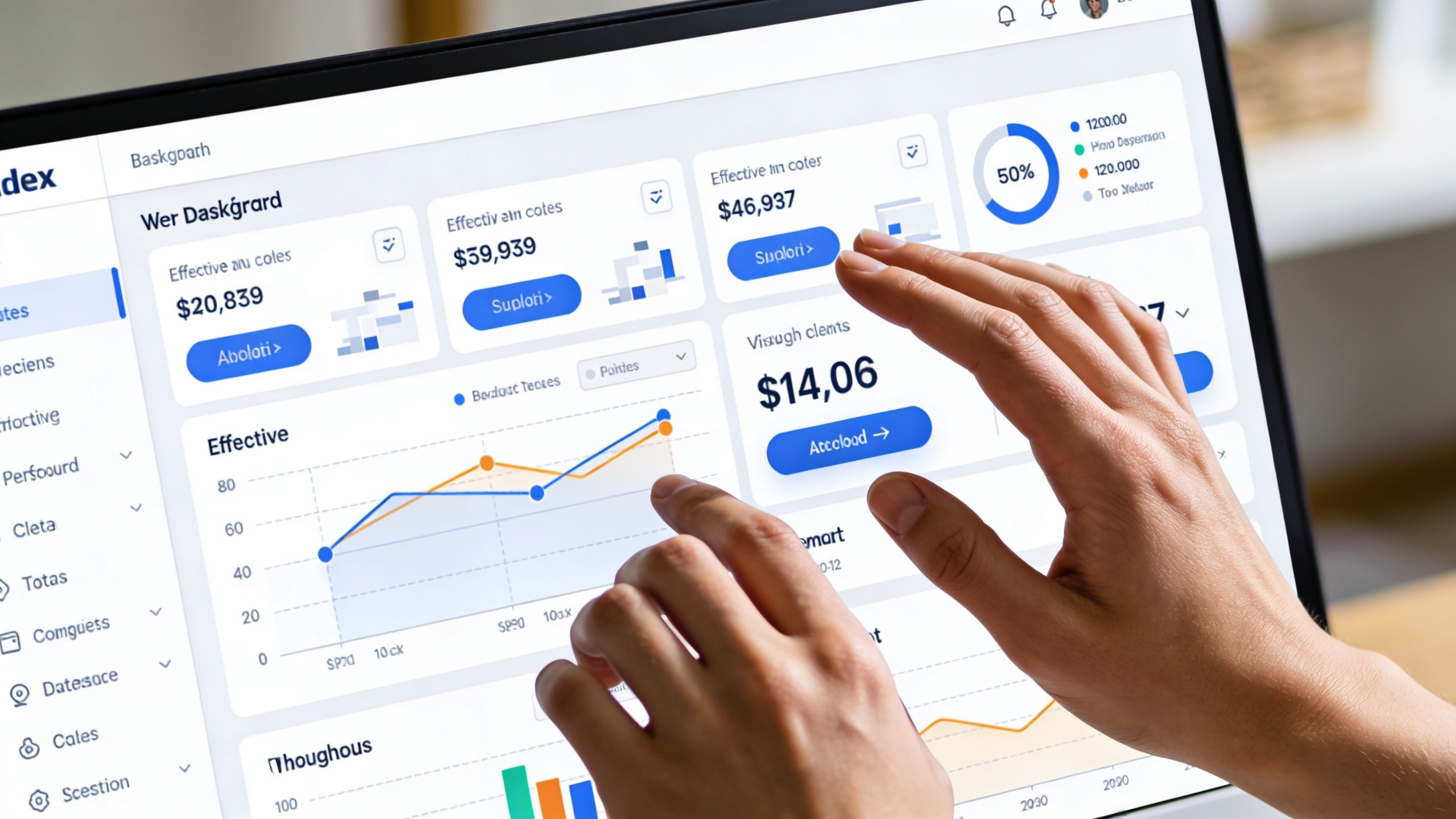 Ein Nutzer interagiert mit einer digitalen Dashboard-Oberfläche auf einem Bildschirm zur Analyse von Finanzdaten und Geschäftskennzahlen.