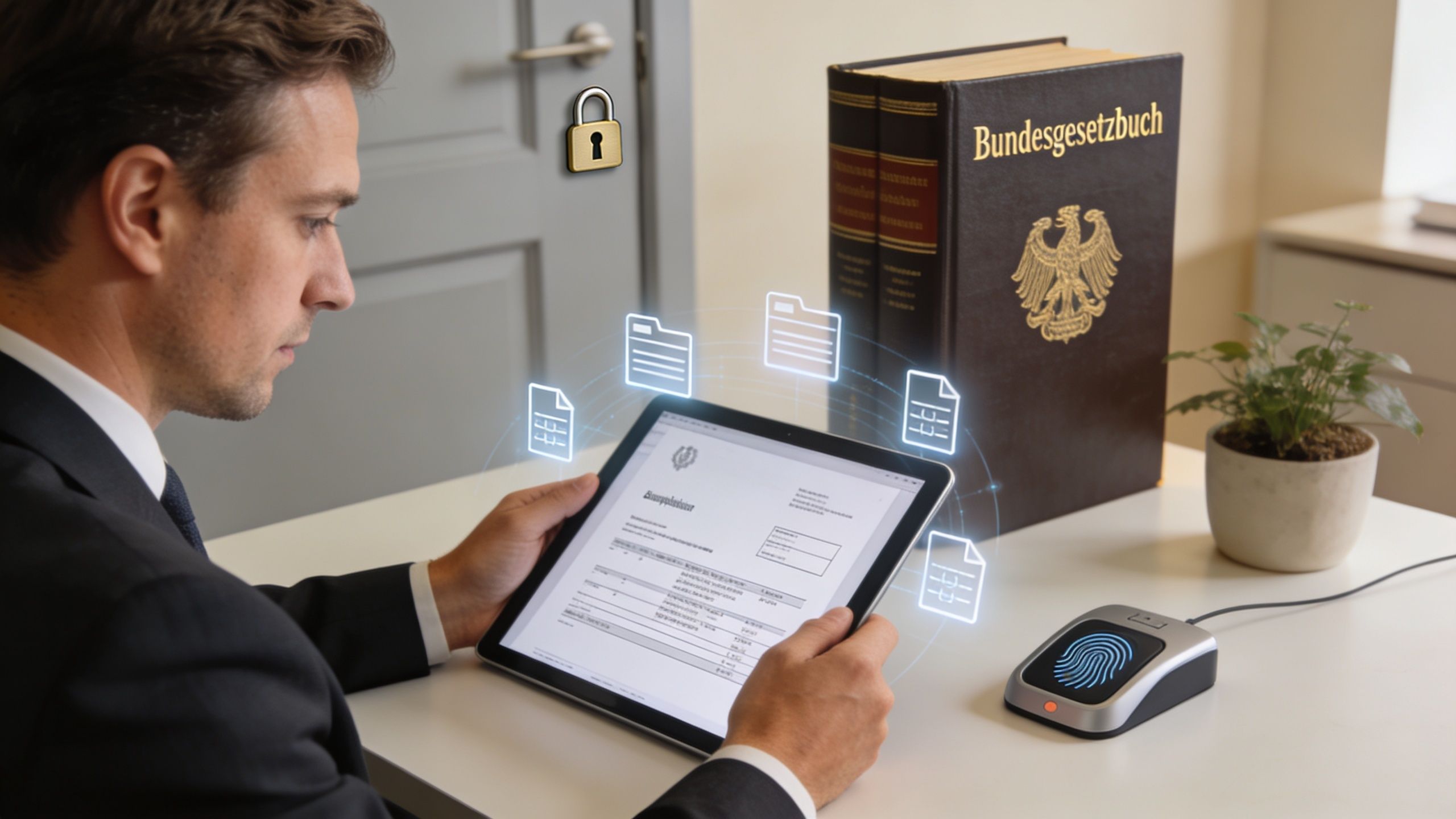 Ein Geschäftsmann verwendet ein Tablet mit digitaler Dokumentensicherheit und einem biometrischen Fingerabdruckscanner für rechtliche Unterlagen.