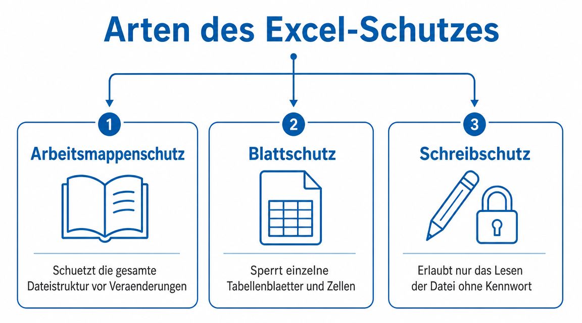 Eine Infografik mit dem Titel Arten des Excel-Schutzes, welche Arbeitsmappenschutz, Blattschutz und Schreibschutz übersichtlich erklärt.