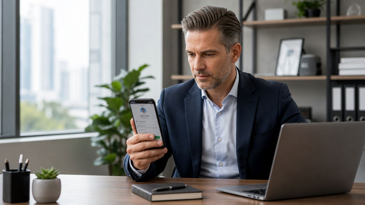 Ein Geschäftsmann im Anzug betrachtet seine Kontakte auf einem Smartphone an einem modernen Schreibtisch im Büro.