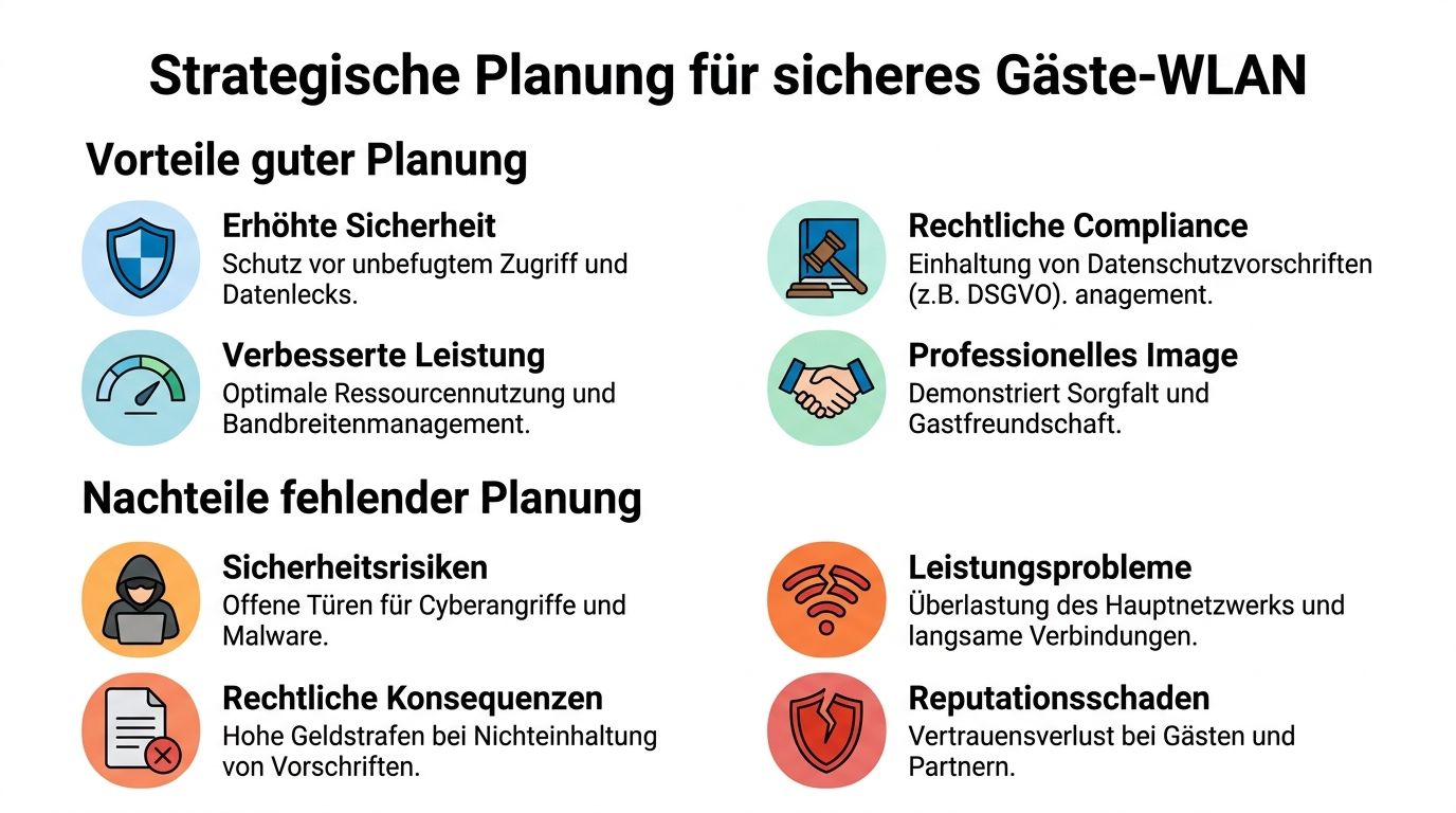 Infografik zur strategischen Planung eines sicheren Gäste-WLAN mit Vor- und Nachteilen für Unternehmen und Nutzer.