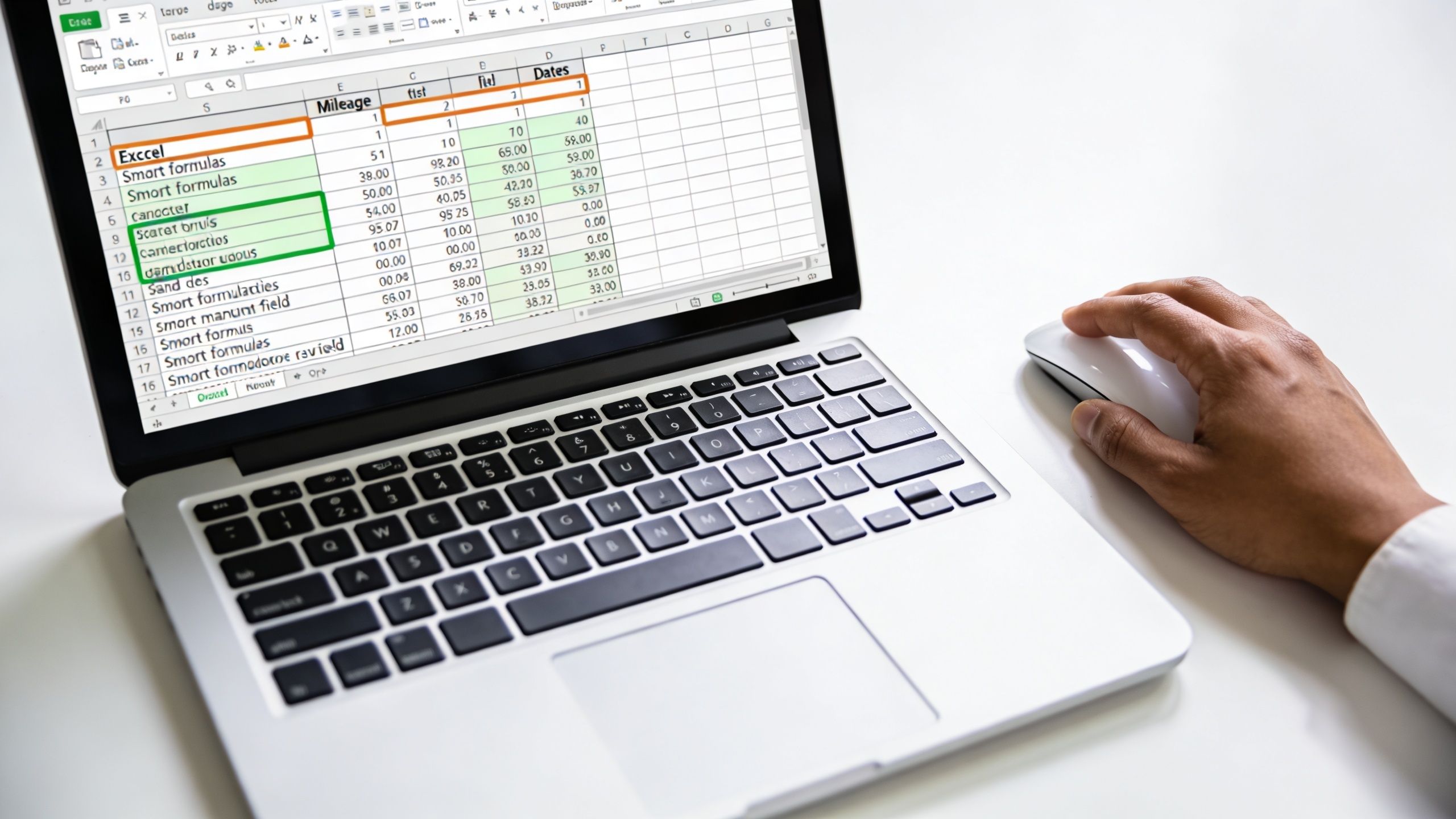 Eine Hand bedient eine Computermaus, während auf dem Laptop eine Excel-Tabelle für ein Fahrtenbuch geöffnet ist.