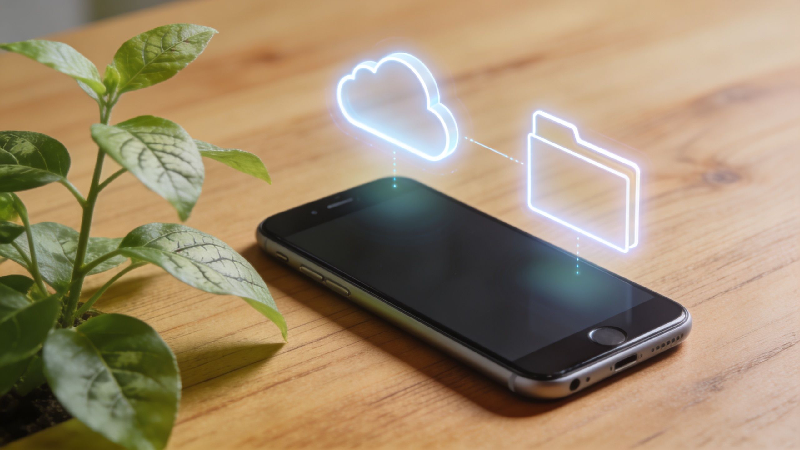 Ein Smartphone liegt auf einem Holztisch neben einer Pflanze mit schwebenden digitalen Symbolen für Cloud-Speicher und Ordner.