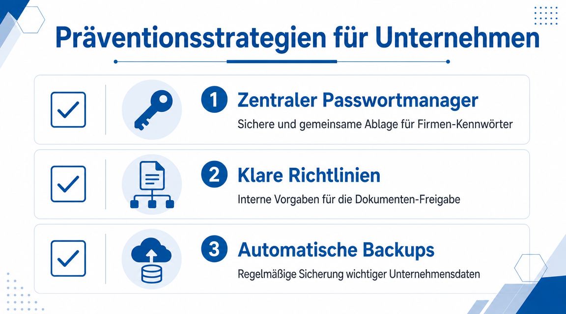 Infografik über drei wichtige Präventionsstrategien für Unternehmen wie Passwortmanager, Richtlinien und automatische Datensicherungen zur IT-Sicherheit.