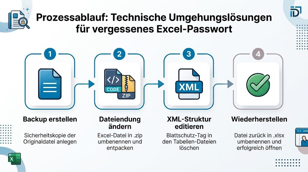 Eine Infografik mit vier Schritten zur technischen Entfernung eines vergessenen Passworts aus einer Excel-Datei.