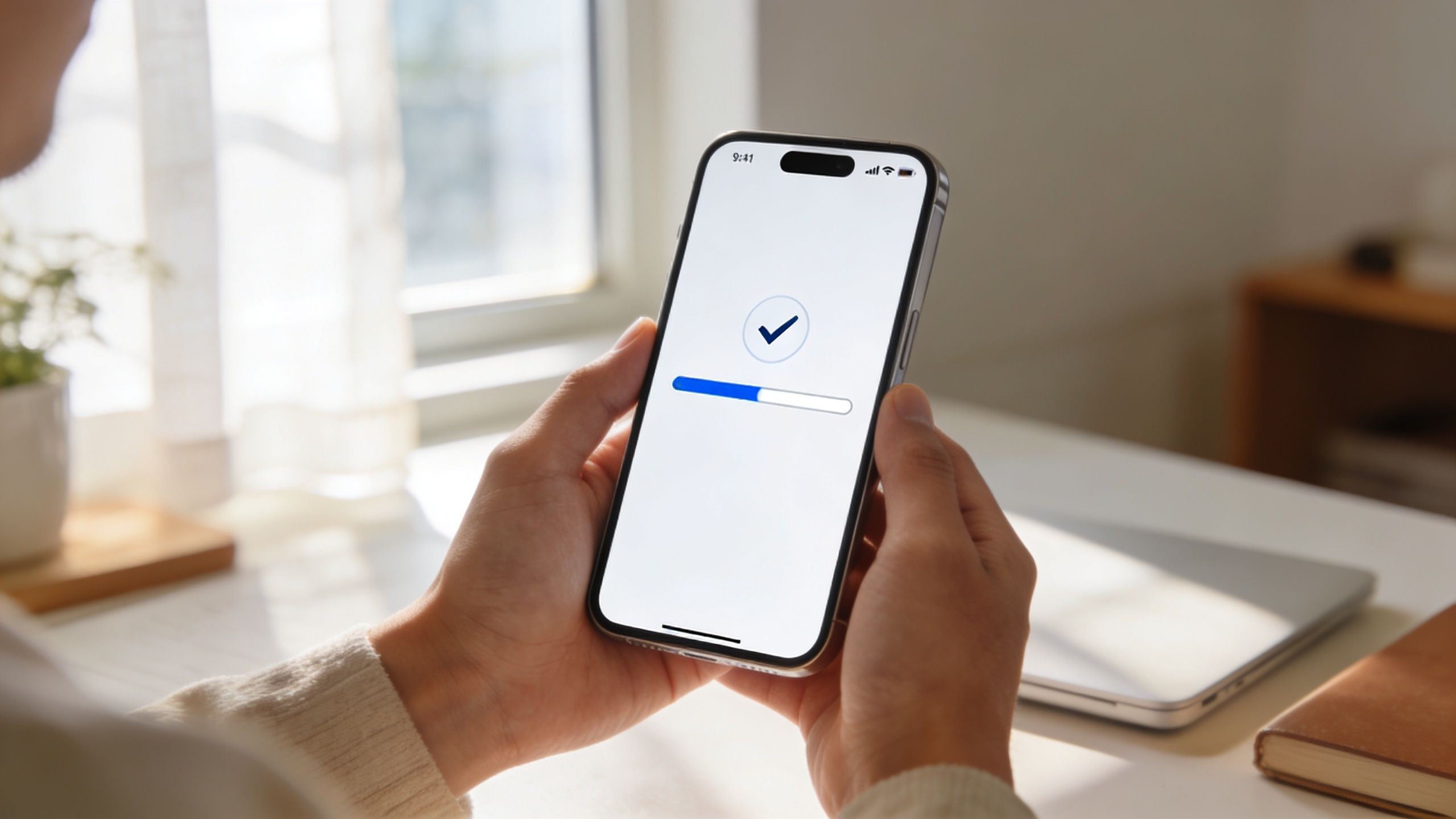 Eine Person hält ein Smartphone in den Händen, auf dem ein Ladebalken für einen Wiederherstellungsprozess zu sehen ist.