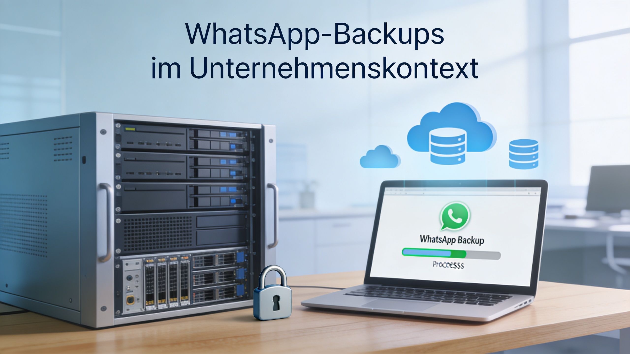 Ein Laptop zeigt einen laufenden WhatsApp-Backup-Prozess neben einem physischen Server und einem schützenden Vorhängeschloss auf einem Schreibtisch.