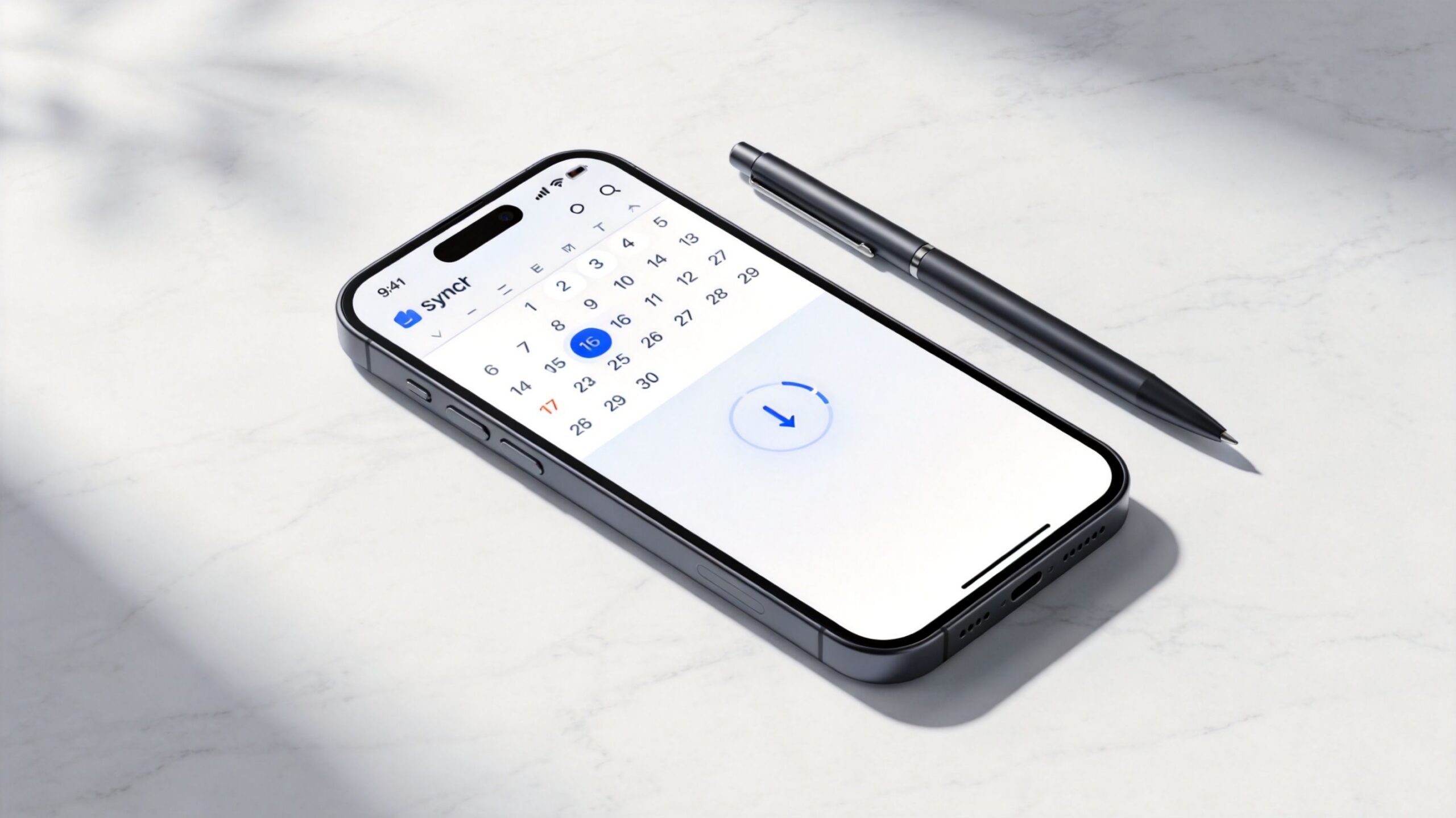 Ein modernes Smartphone mit einer Kalender-App auf einem hellen marmorierten Untergrund neben einem eleganten schwarzen Stift.