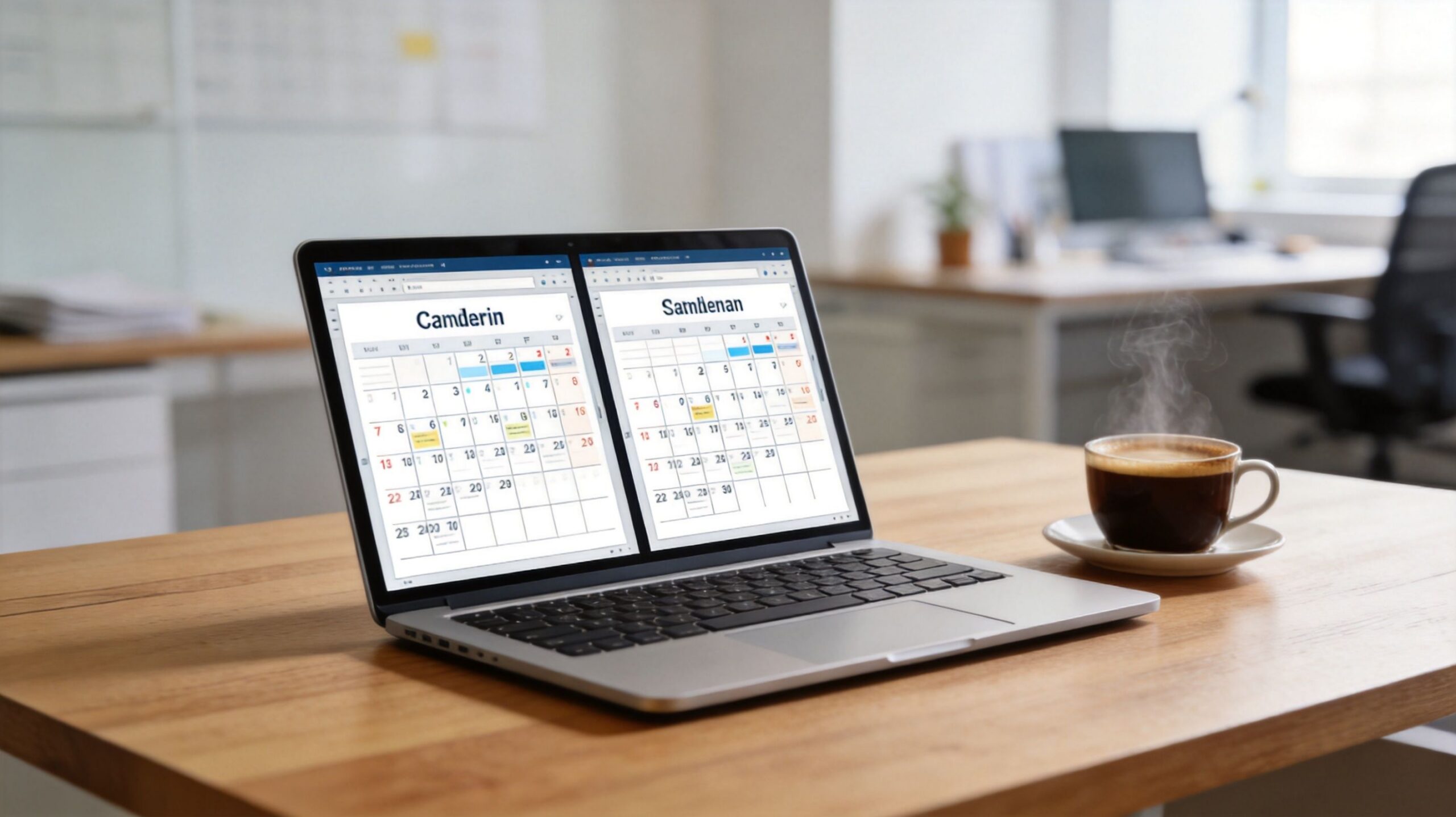 Ein Laptop steht auf einem Schreibtisch mit einem geöffneten digitalen Kalender und einer Tasse dampfendem Kaffee.