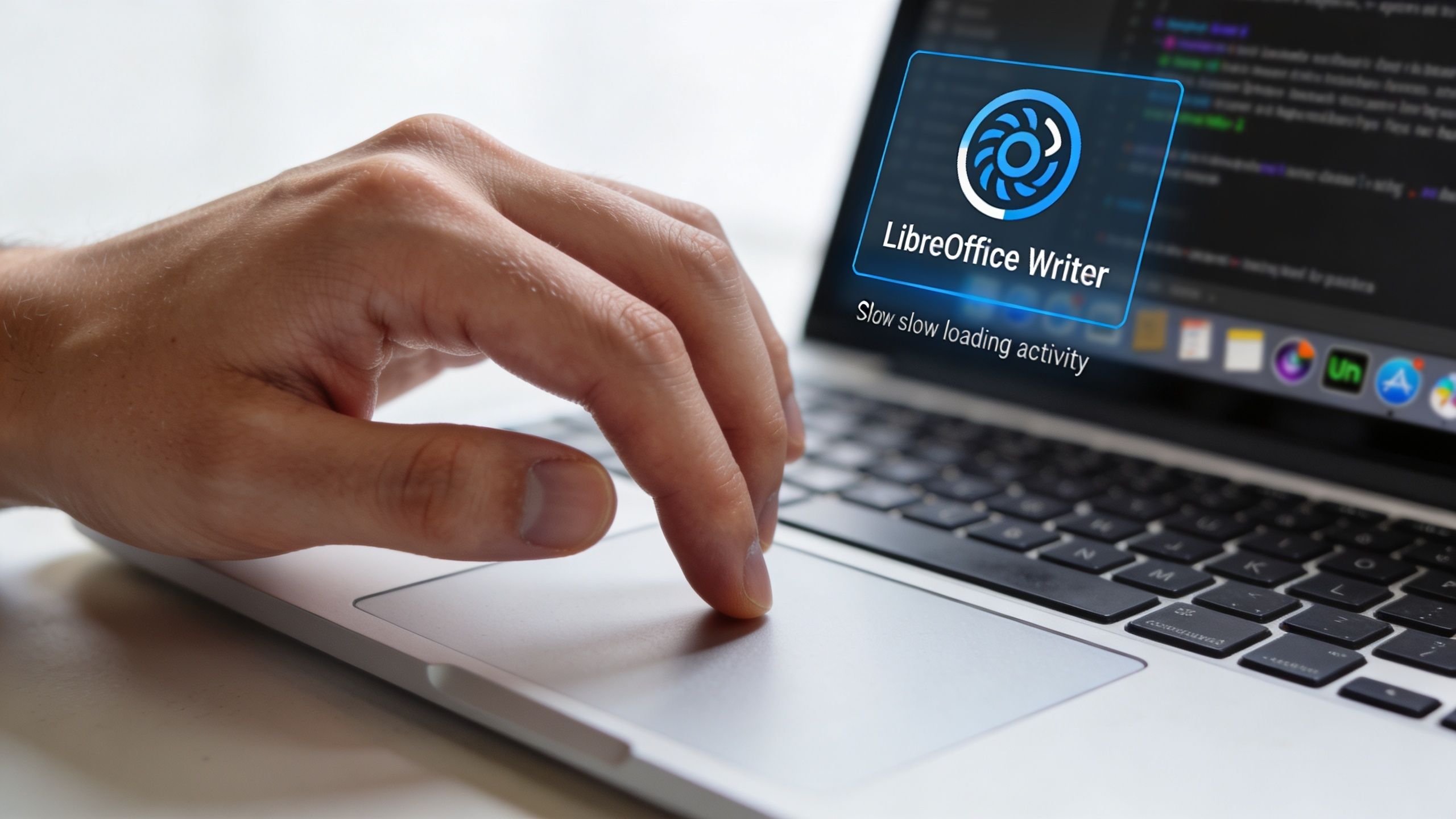 Eine Hand steuert ein Laptop-Touchpad, während ein LibreOffice Writer Ladebildschirm auf dem Bildschirm angezeigt wird.