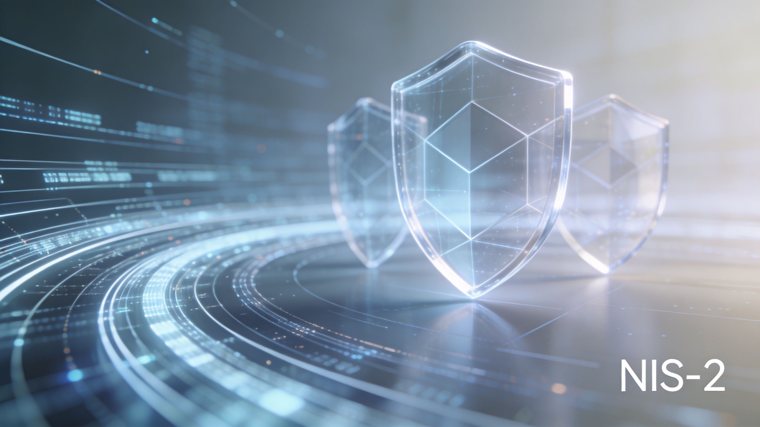 Drei gläserne Schutzschilde schweben über einer digitalen Oberfläche mit Datenströmen, die das Thema NIS-2-Cybersicherheit visualisieren.