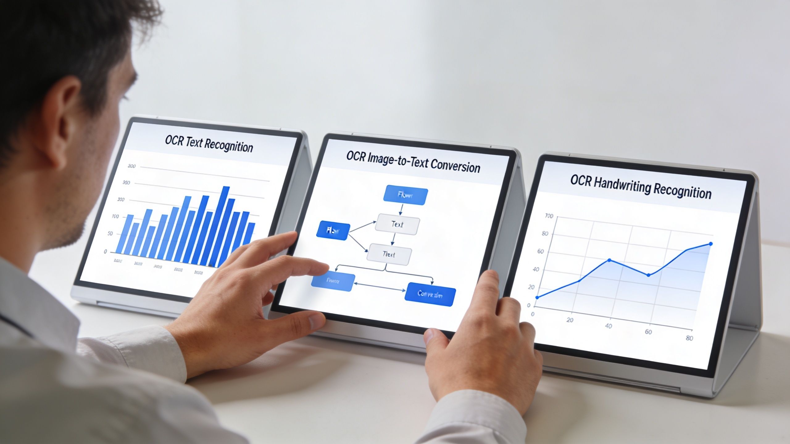 Ein Mann betrachtet drei Tablets, die verschiedene Diagramme zur optischen Zeichenerkennung und OCR-Technologie anzeigen.