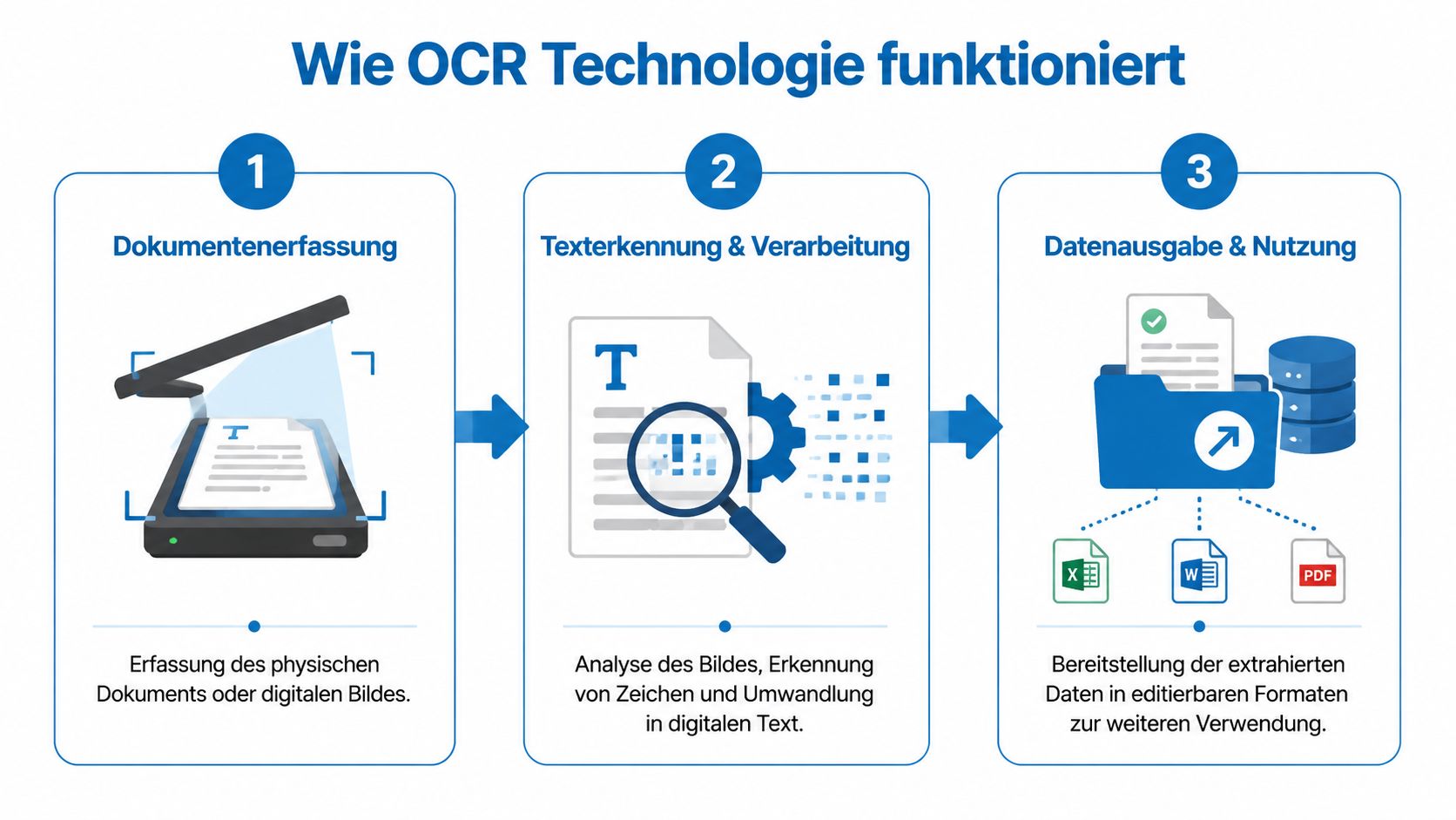 Eine Infografik zeigt die drei Schritte der OCR-Technologie: Dokumentenerfassung, Texterkennung und die Ausgabe der extrahierten Daten.