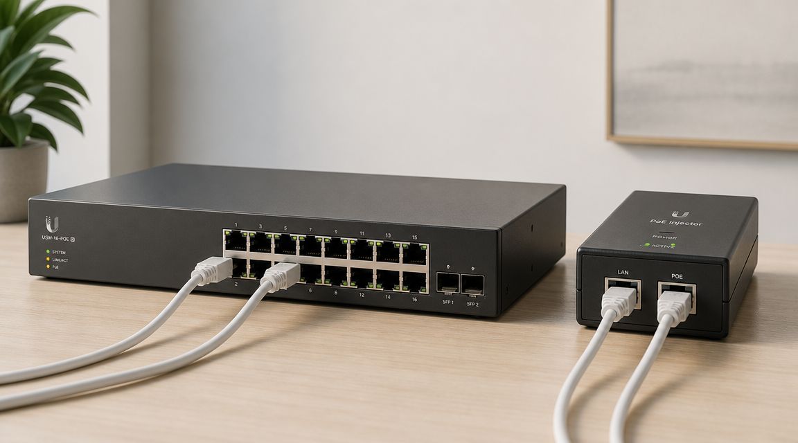 Ein UniFi Netzwerk-Switch und ein PoE-Injektor stehen auf einem Holztisch, verbunden mit Ethernet-Kabeln.