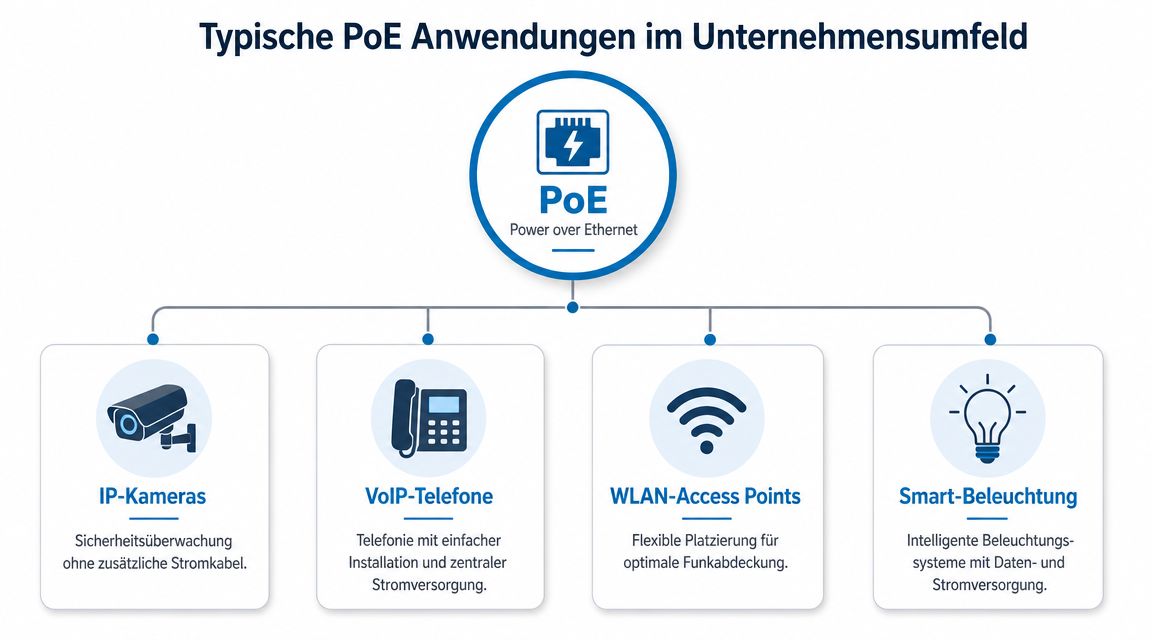Infografik zu typischen Power over Ethernet Anwendungen im Unternehmen wie Kameras, Telefonen, Access Points und Beleuchtung.