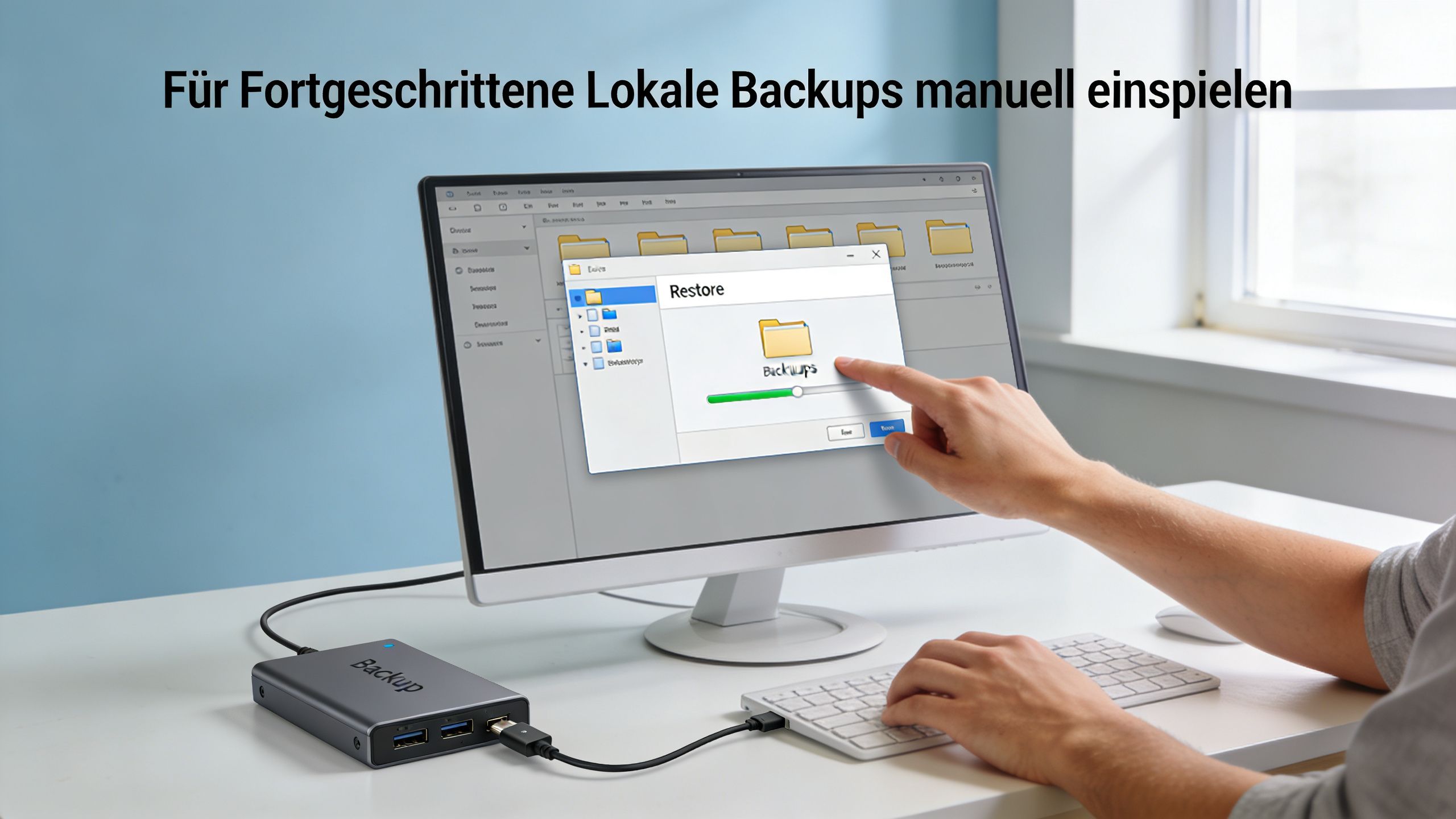 Ein Nutzer stellt manuell ein lokales Backup von einer externen Festplatte auf seinem Computer wieder her.